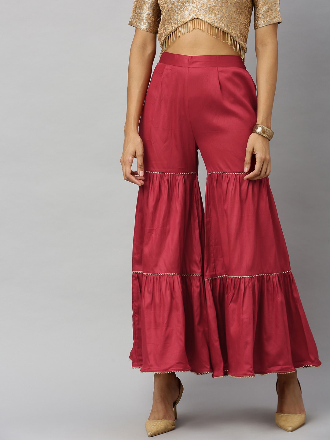 

Inddus Women Maroon Solid Cotton Ethnic Flared Sharara