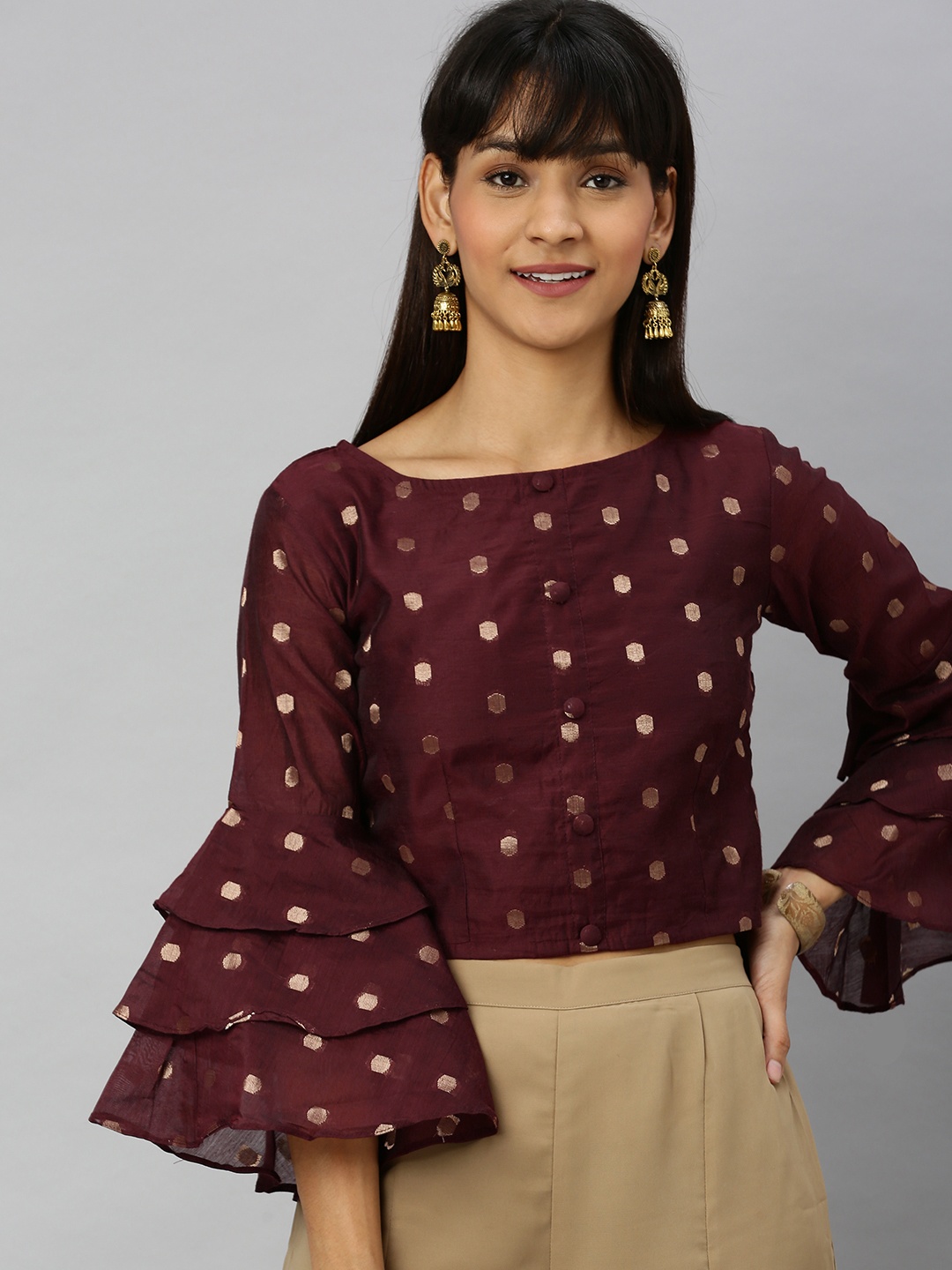 

Inddus Maroon & Golden Woven Design Ethnic Crop Top With Bell Sleeves