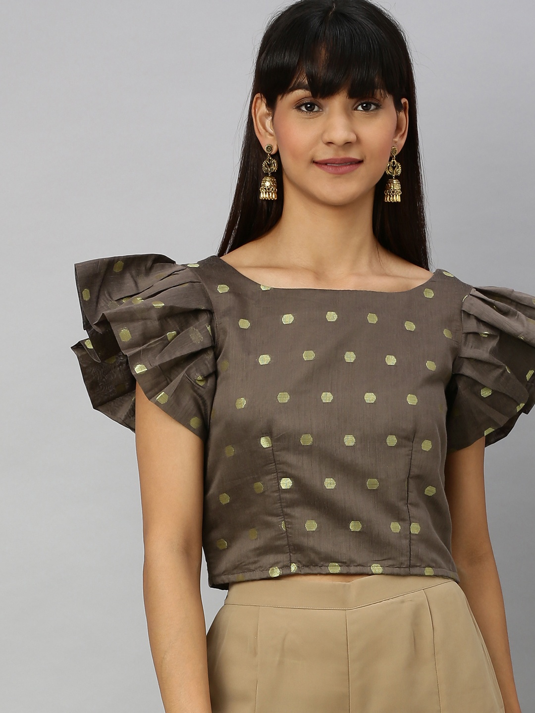 

Inddus Women Brown & Golden Woven Design Ethnic Crop Top With Flutter Sleeves