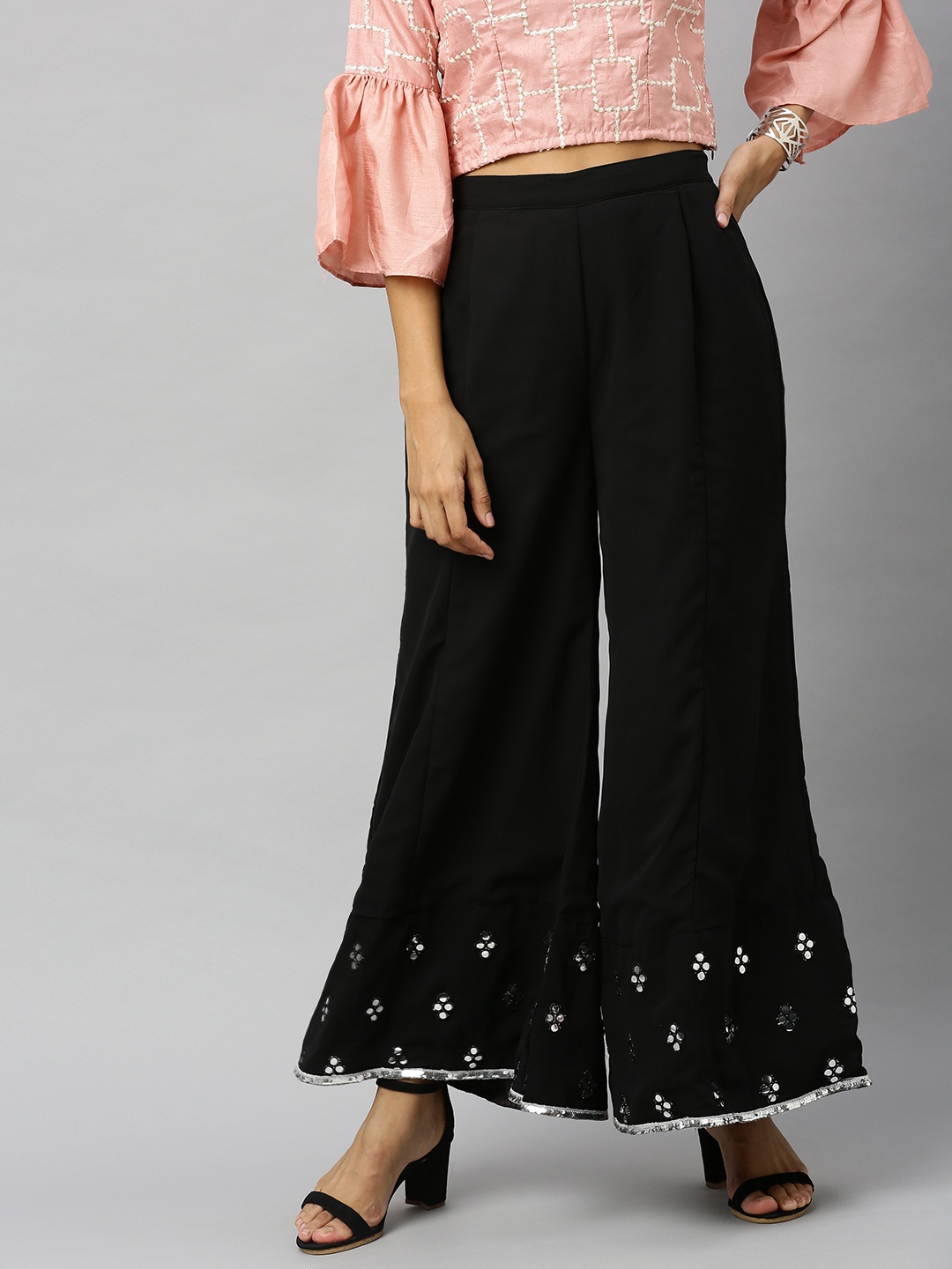 

Inddus Women Black Hem Design Flared Palazzos with Mirror Work