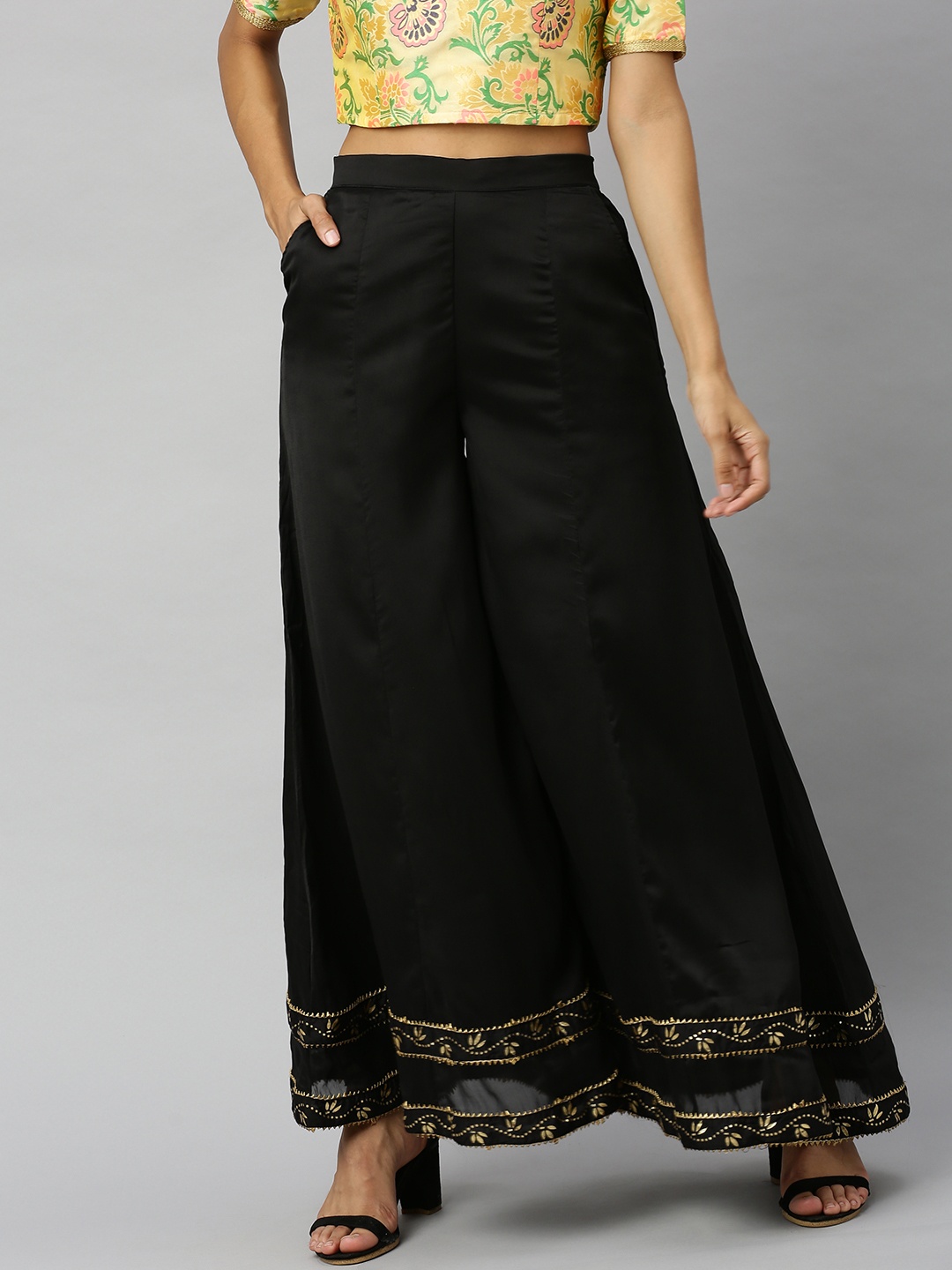 

Inddus Women Black Hem Design Flared Palazzos
