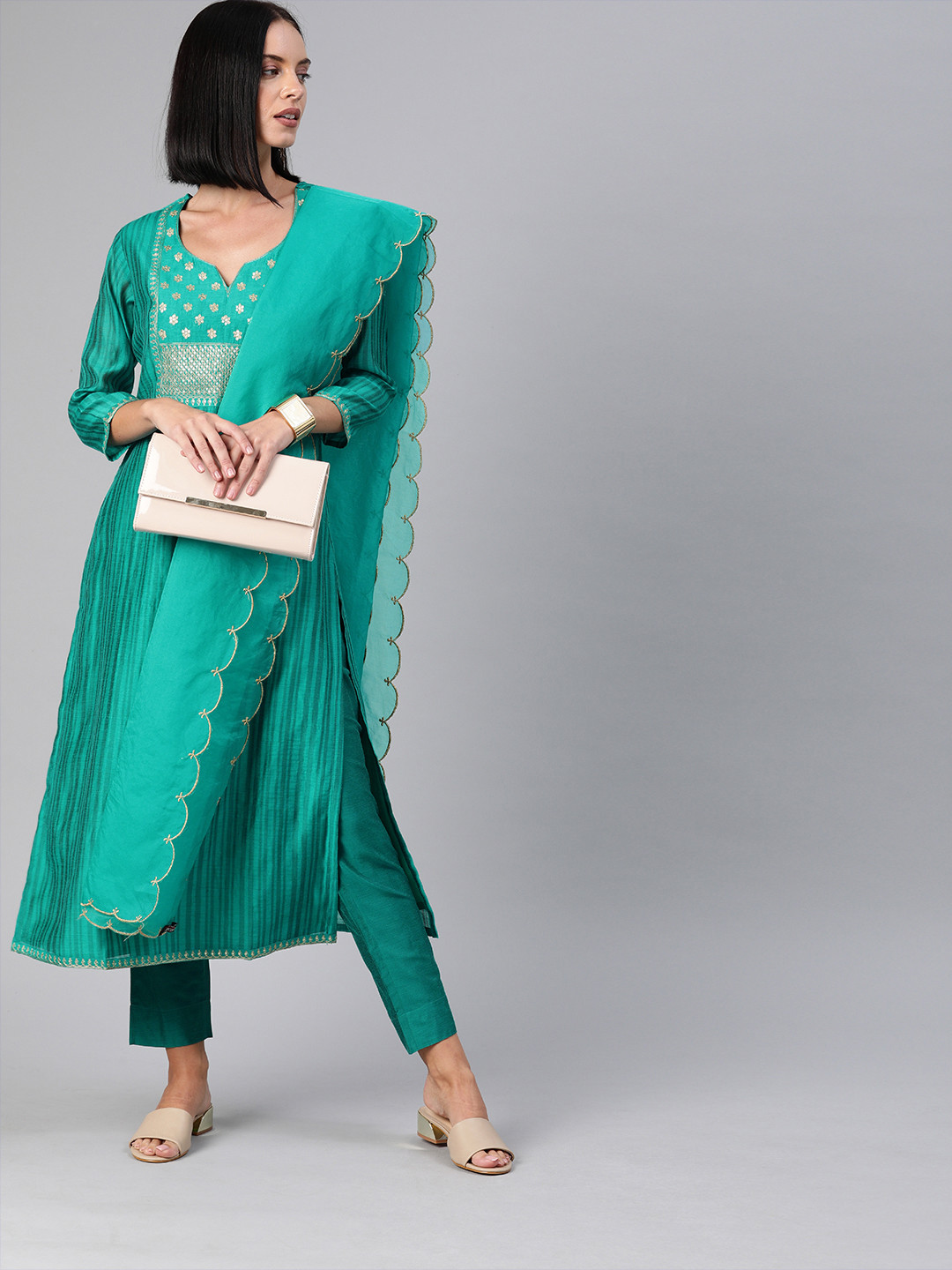 

Inddus Women Green Embroidered Kurta with Trousers & Dupatta