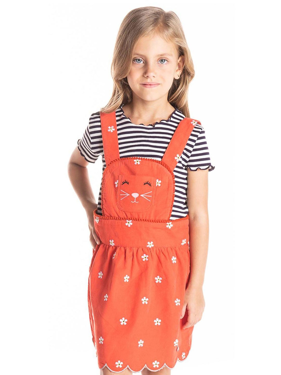 

Cherry Crumble Girls Orange & White Floral Embroidered Corduroy Pinafore Dress