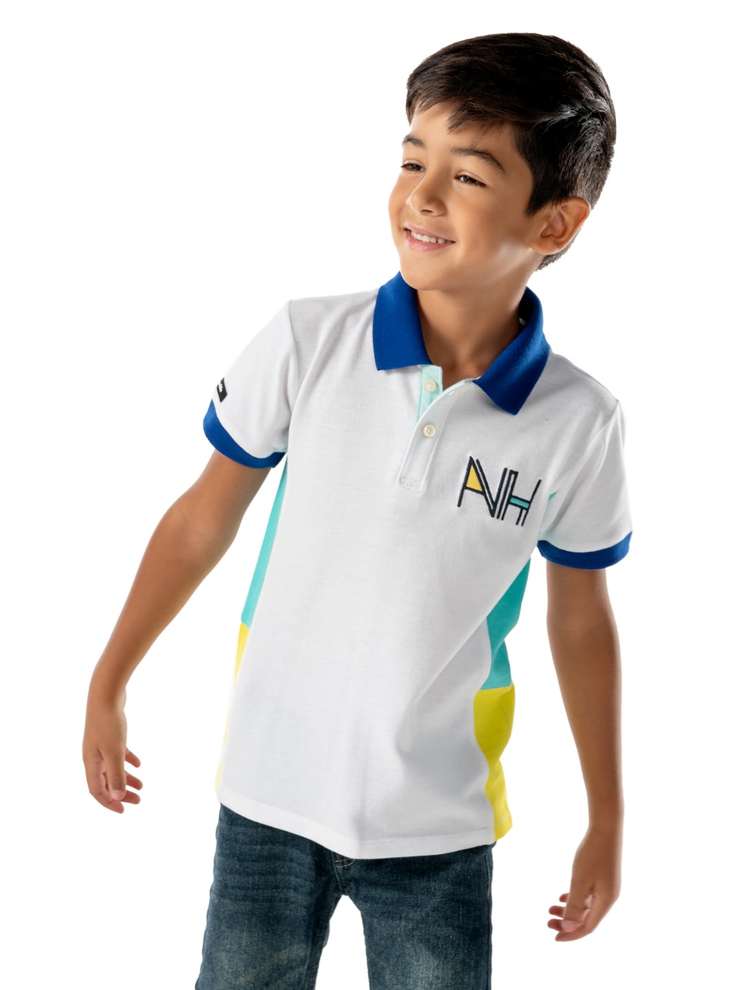 

Cherry Crumble Unisex Kids White & Blue Colourblocked Polo Collar T-shirt