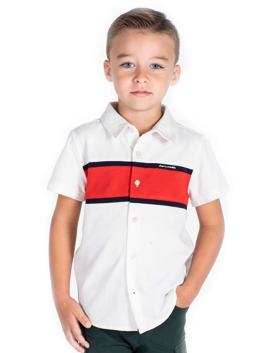 

Cherry Crumble Unisex Kids White & Red Regular Fit Colourblocked Casual Shirt