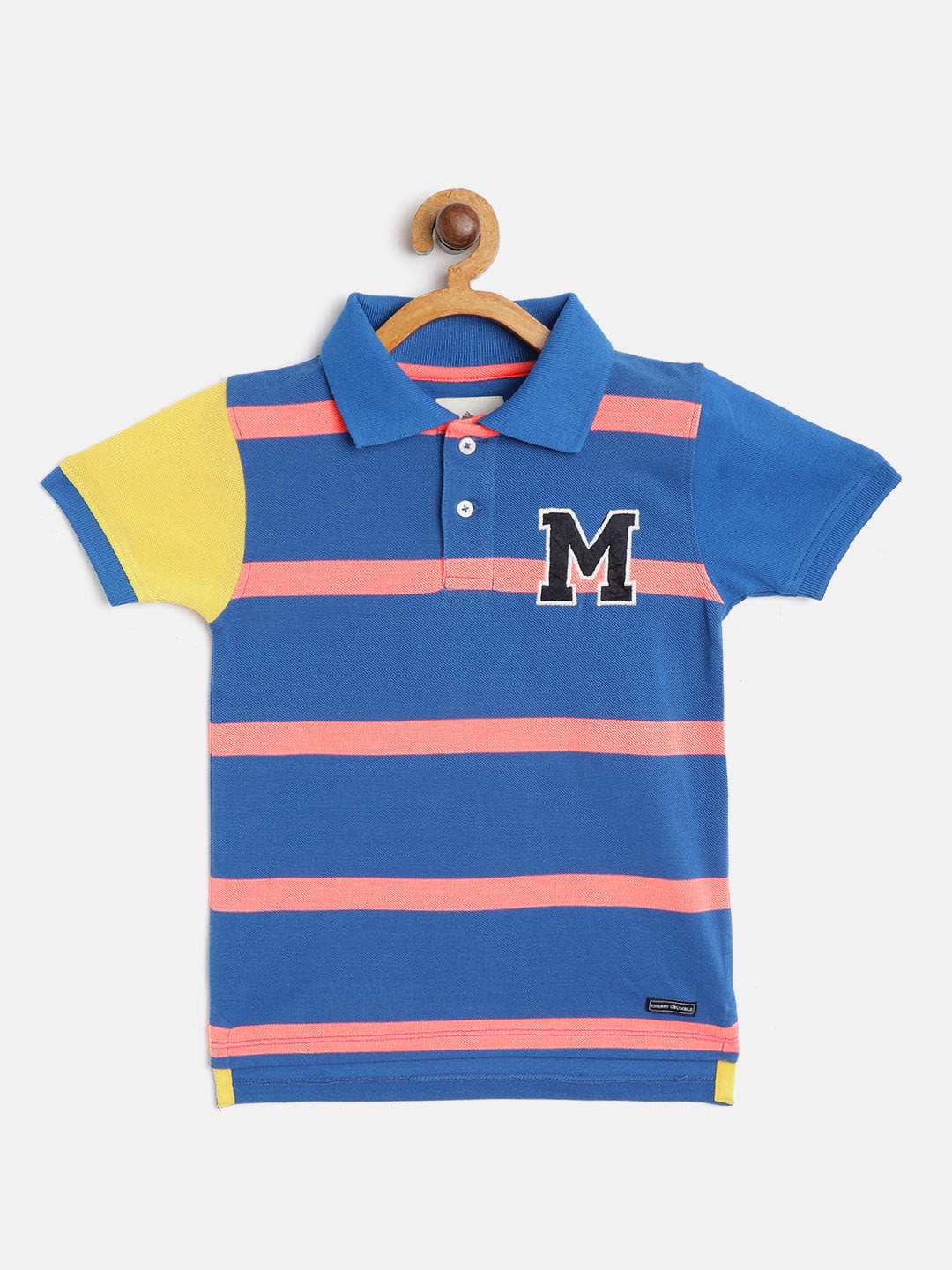 

Cherry Crumble Unisex Kids Blue & Coral Pink Striped Polo Collar T-shirt