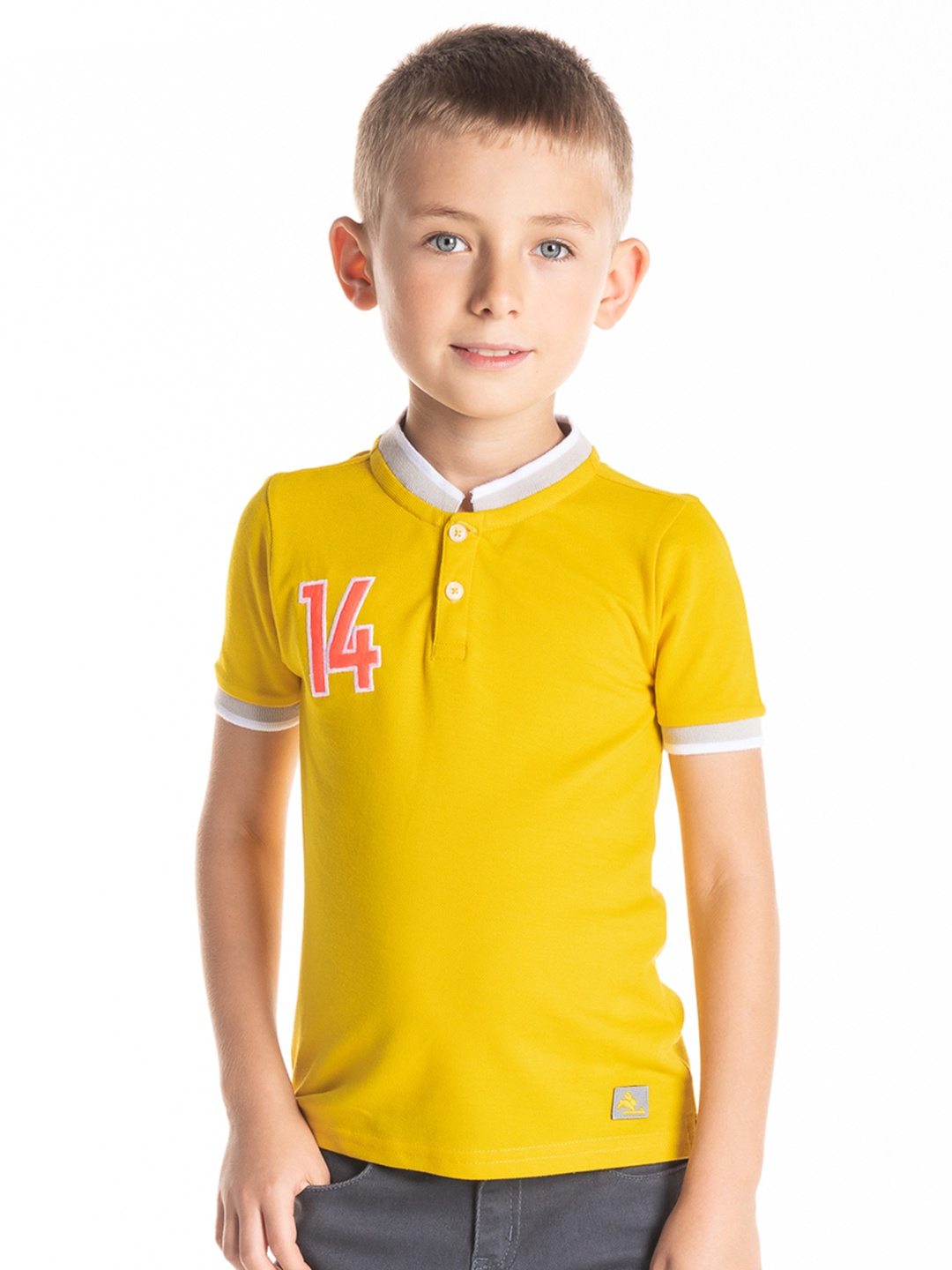 

Cherry Crumble Unisex Kids Mustard Yellow Solid Stand Collar T-shirt