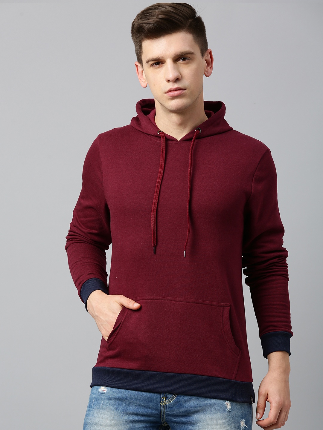 

Urbano Fashion Men Solid Slim Fit Cotton Hooded Sweatshirt, Maroon