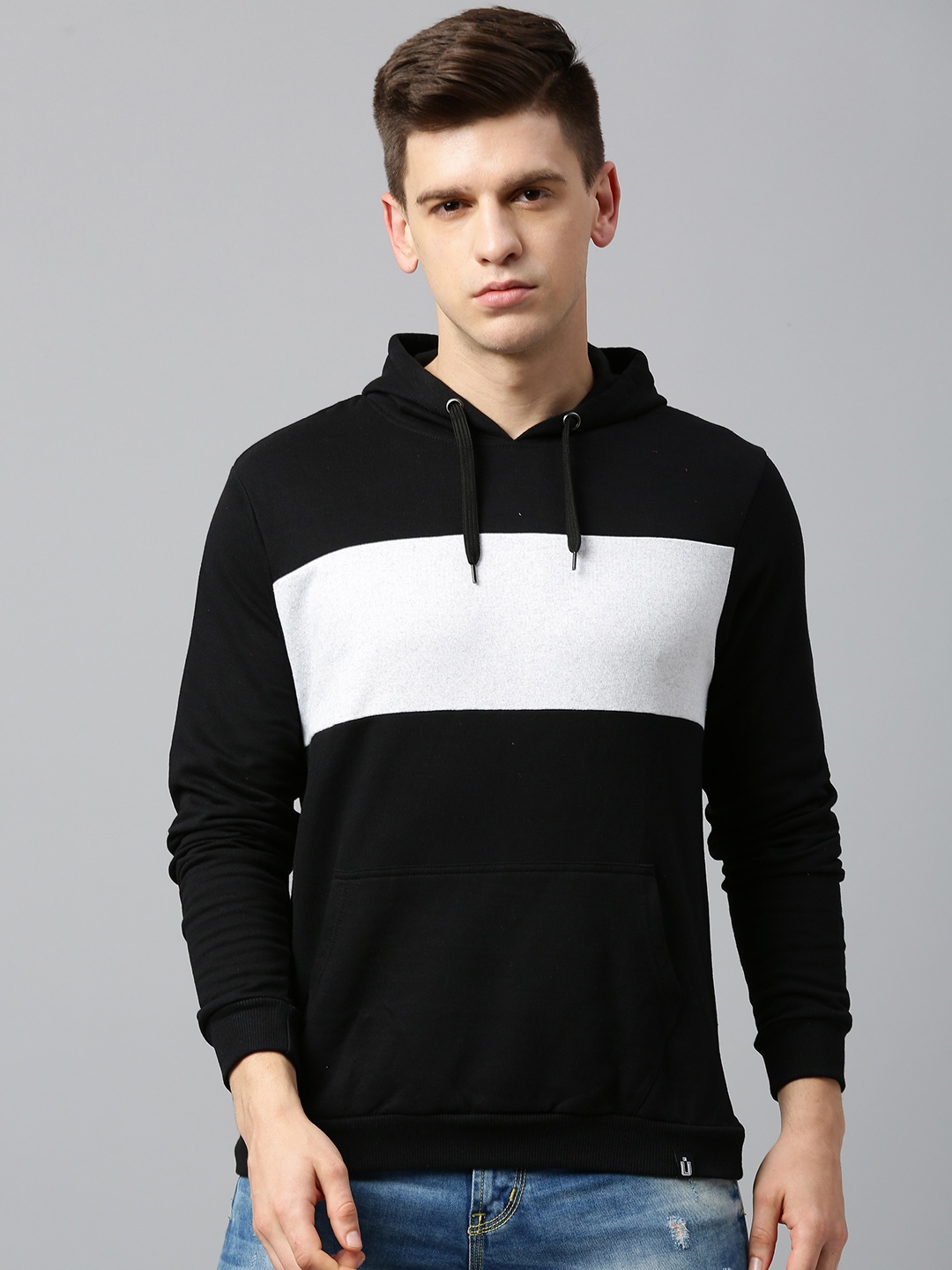 

Urbano Fashion Men Colourblocked Slim Fit Cotton Hooded Sweatshirt, Black