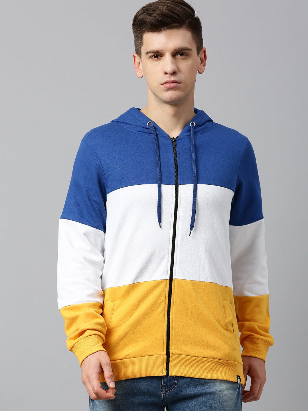 

Urbano Fashion Men Blue & White Colourblocked Hooded Sweatshirt