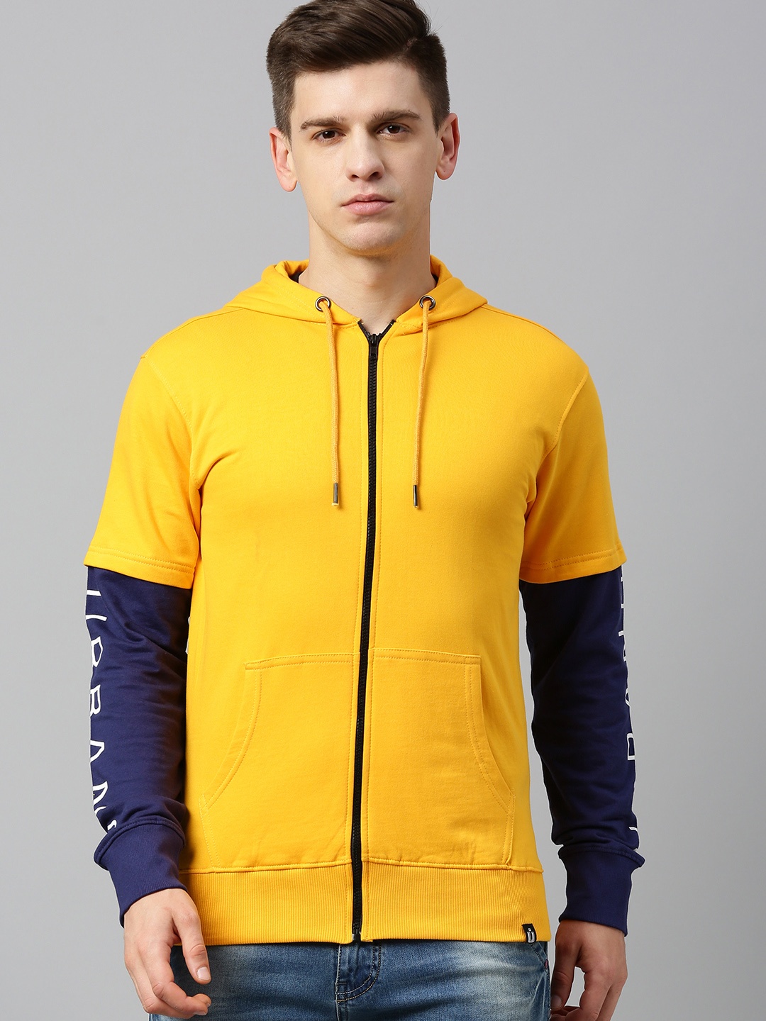 

Urbano Fashion Men Yellow Solid Hooded Sweatshirt with Navy Blue Colorblock on Sleeve