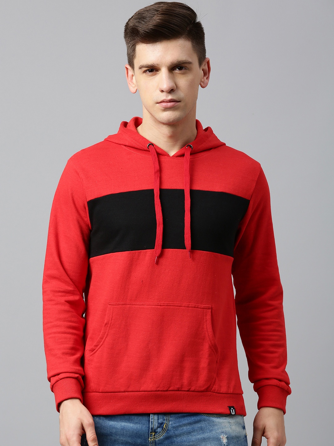 

Urbano Fashion Men Red & Black Colourblocked Hooded Pullover Sweatshirt