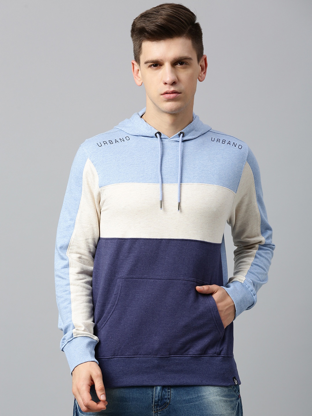

Urbano Fashion Men Blue & White Colourblocked Hooded Sweatshirt