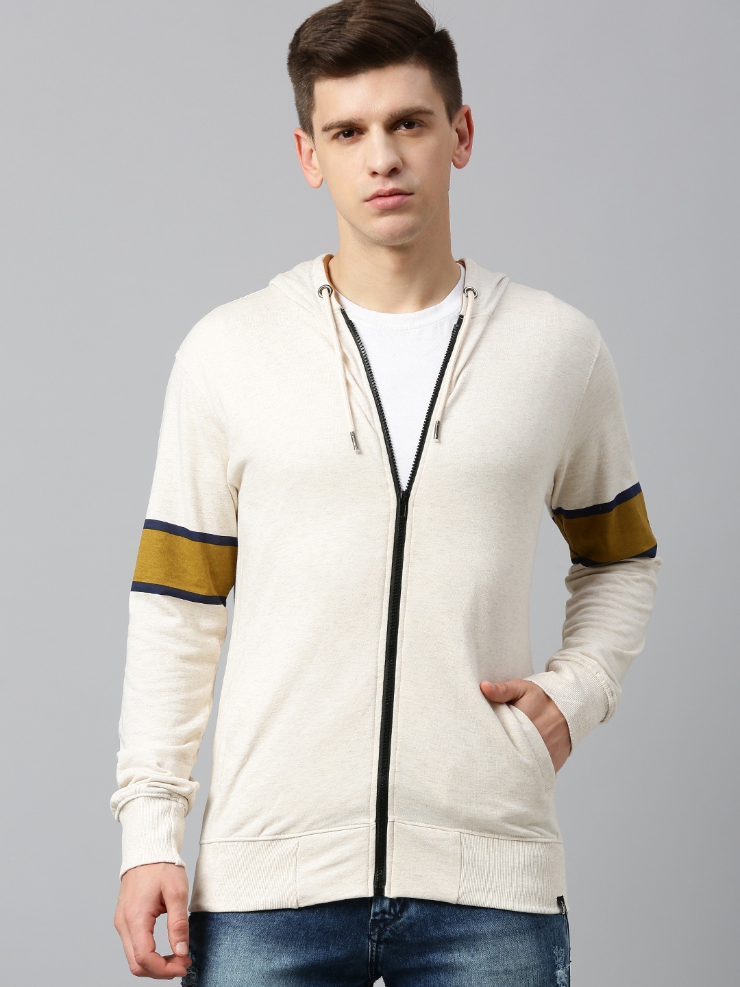 

Urbano Fashion Men Striped & Brand Logo Print Slim Fit Hooded Front-Open Sweatshirt, Beige