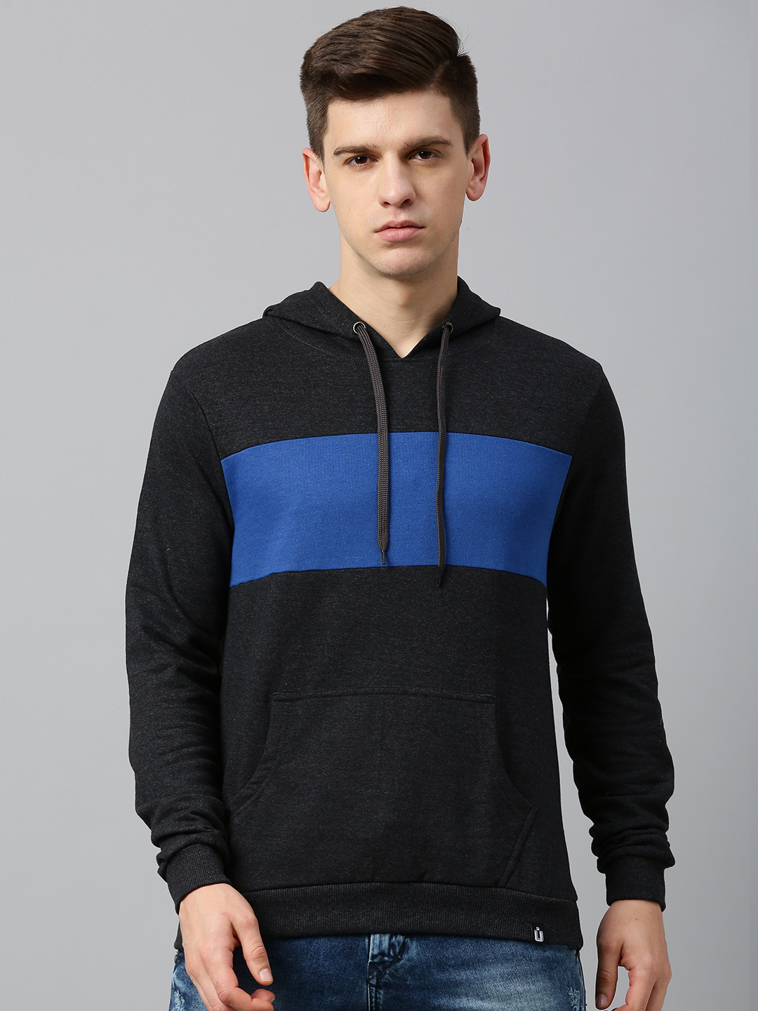 

Urbano Fashion Men Charcoal Grey & Blue Colourblocked Hooded Sweatshirt