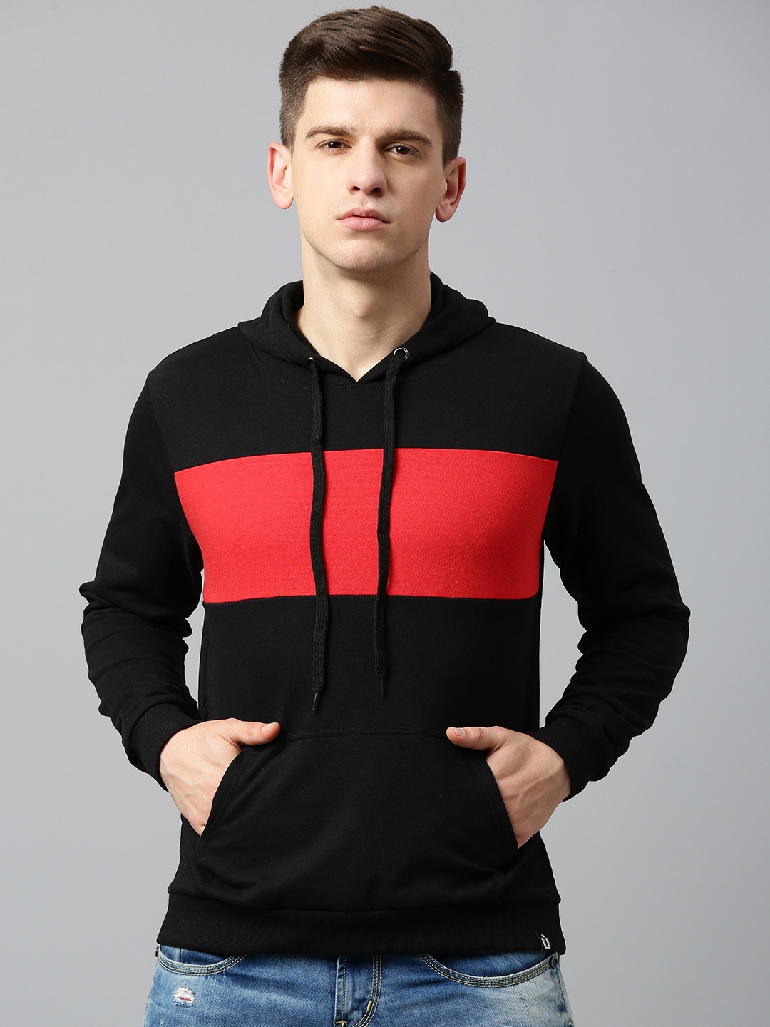 

Urbano Fashion Men Black & Red Colourblocked Hooded Pullover Sweatshirt