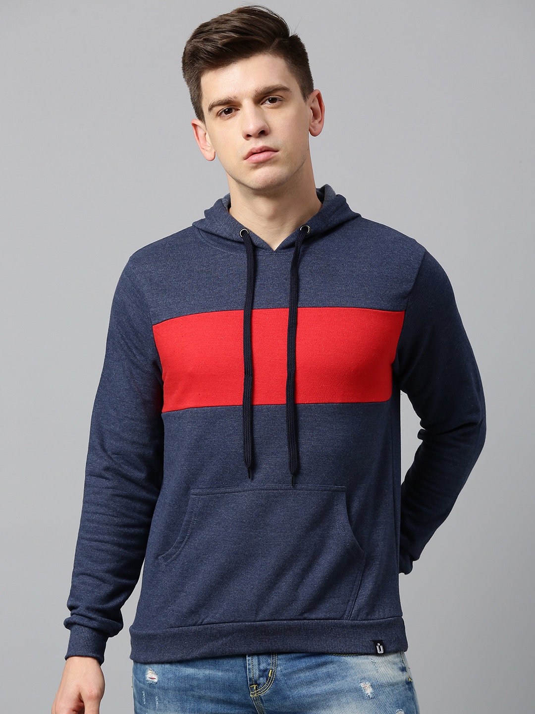

Urbano Fashion Men Navy Blue & Red Colourblocked Hooded Pullover Sweatshirt