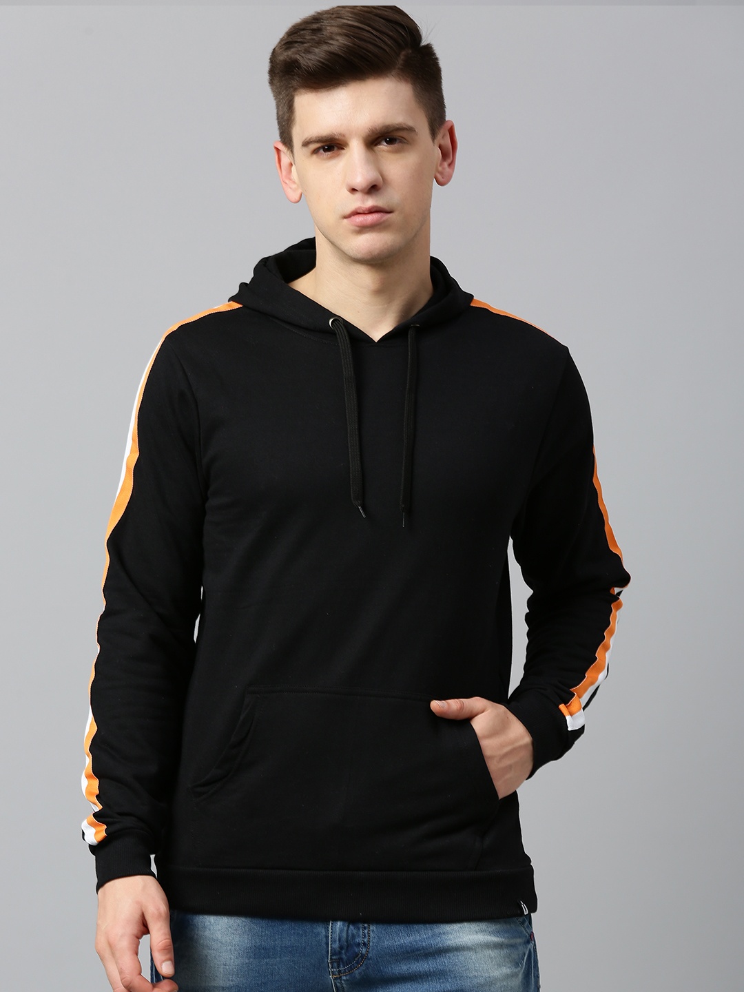 

Urbano Fashion Men Black Solid Hooded Sweatshirt with Side Stripes