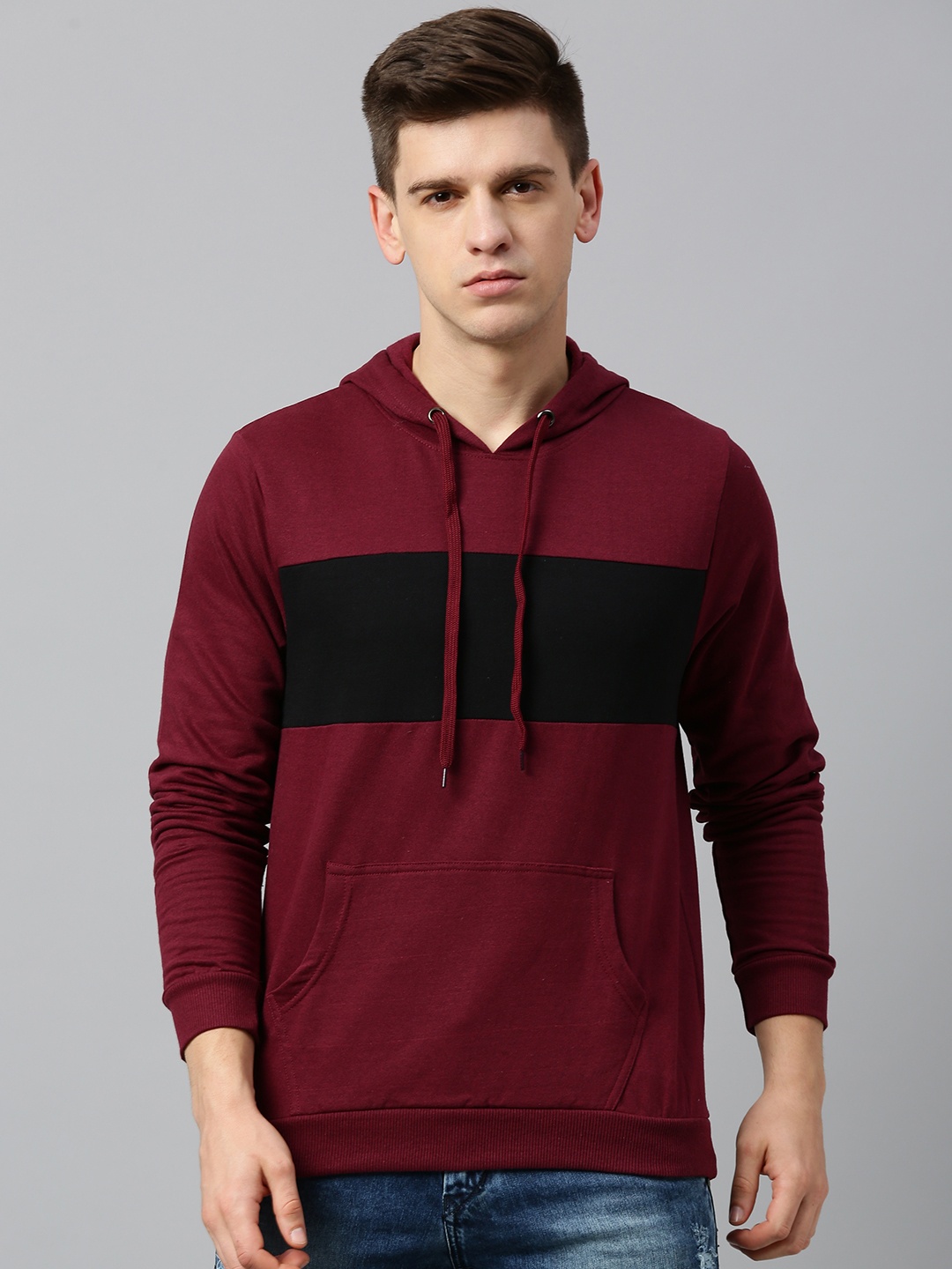 

Urbano Fashion Men Maroon & Black Colourblocked Hooded Sweatshirt