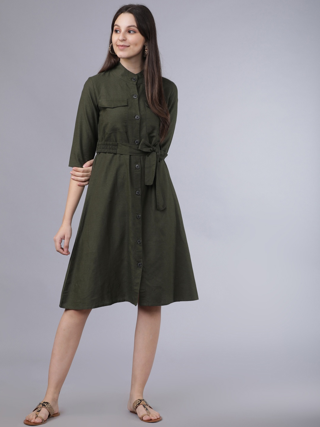 

Tokyo Talkies Women Olive Green Solid A-Line Dress