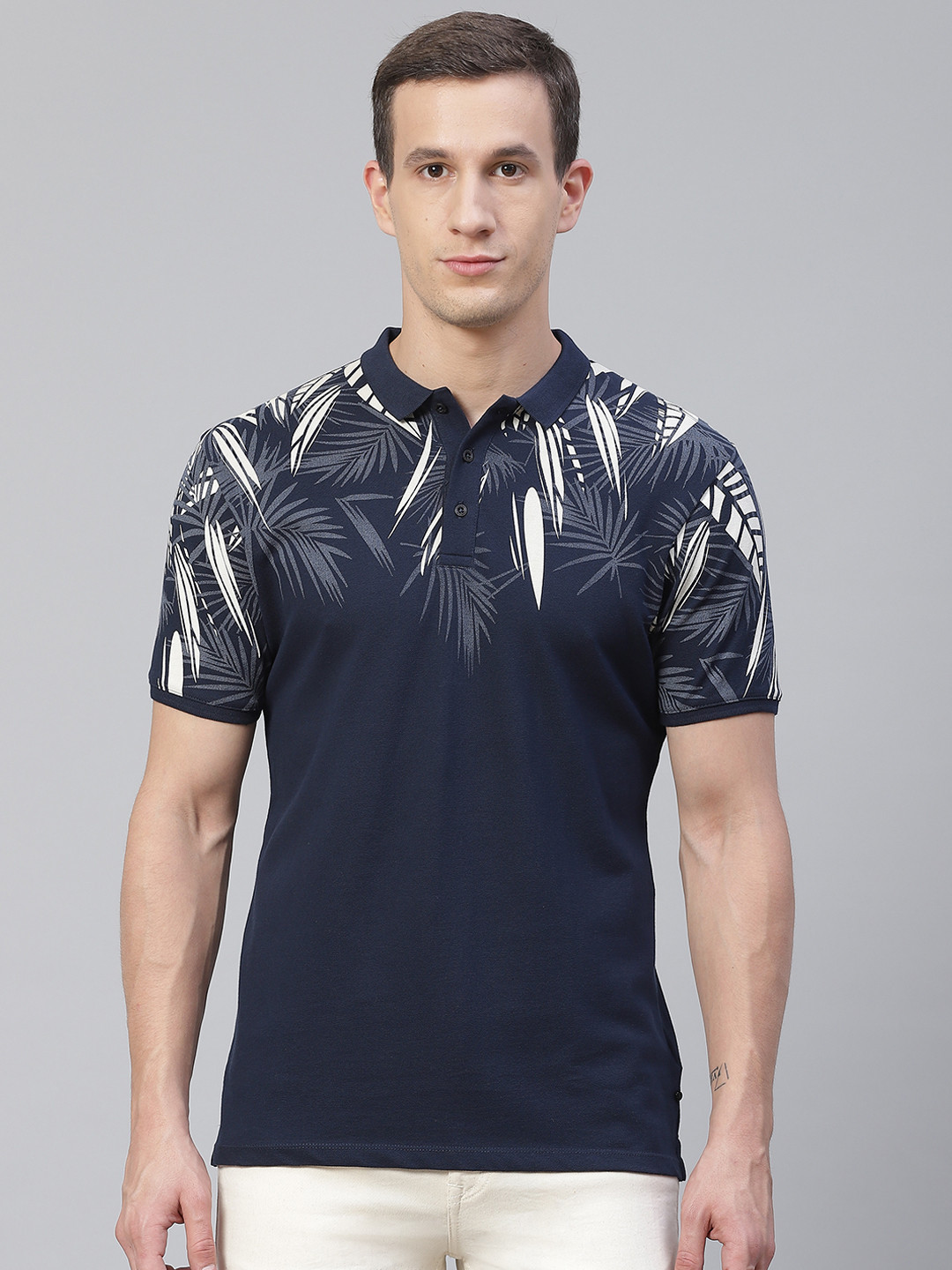 

Blackberrys Men Navy Blue & White Tropical Printed Polo Collar T-shirt