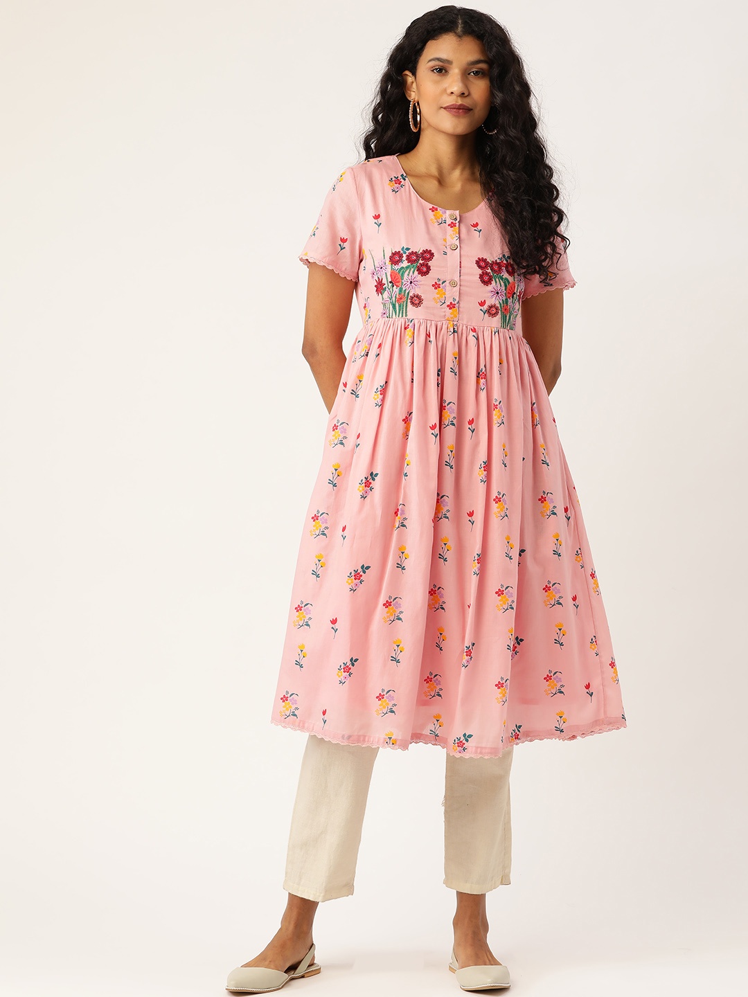 

Moda Rapido Women Pink & Yellow Floral Print A-Line Kurta