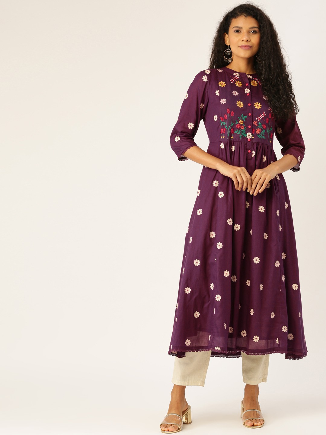 

Moda Rapido Women Burgundy & White Floral Print A-Line Kurta