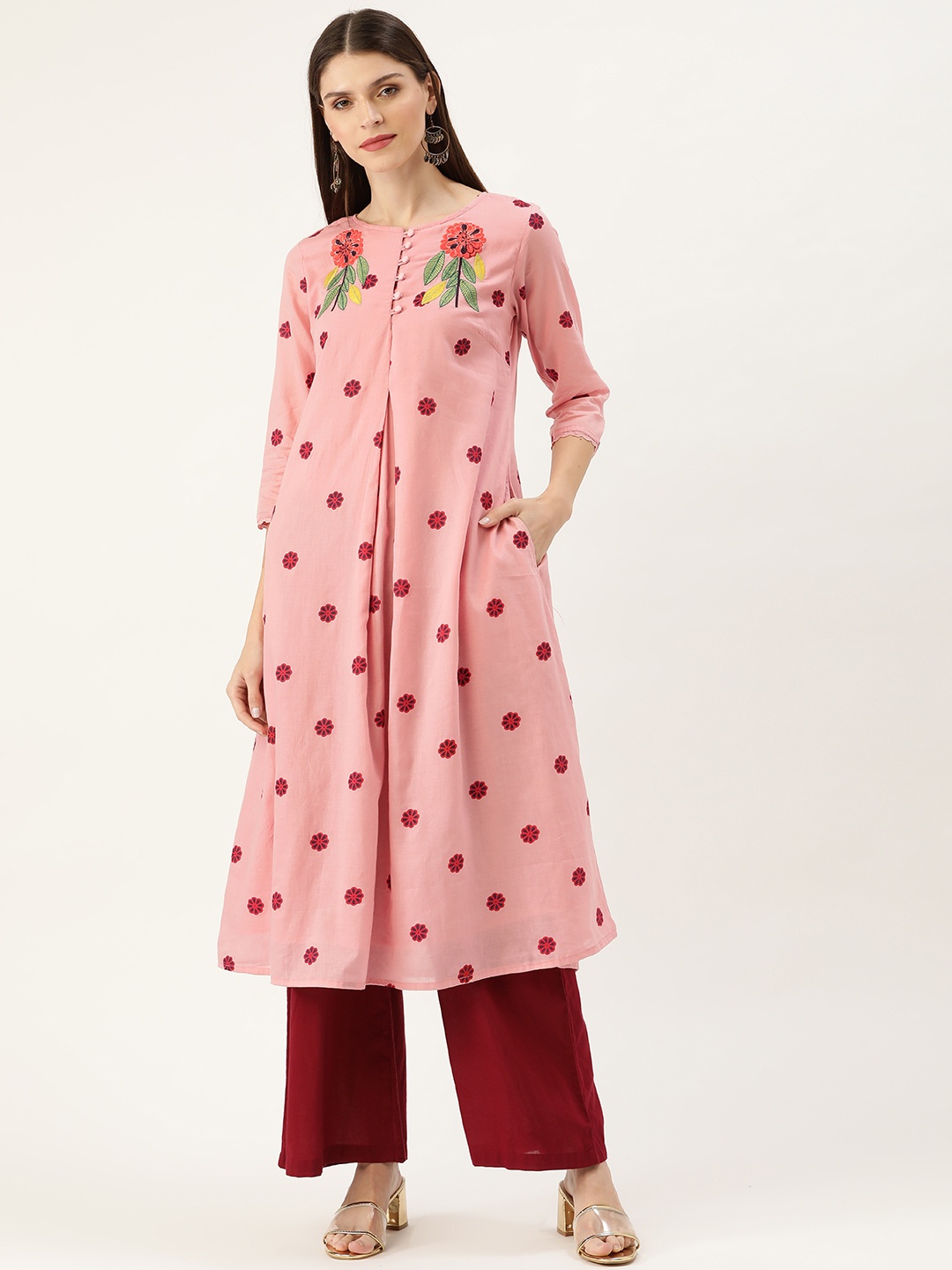 

Moda Rapido Women Pink & Maroon Floral Print A-Line Kurta