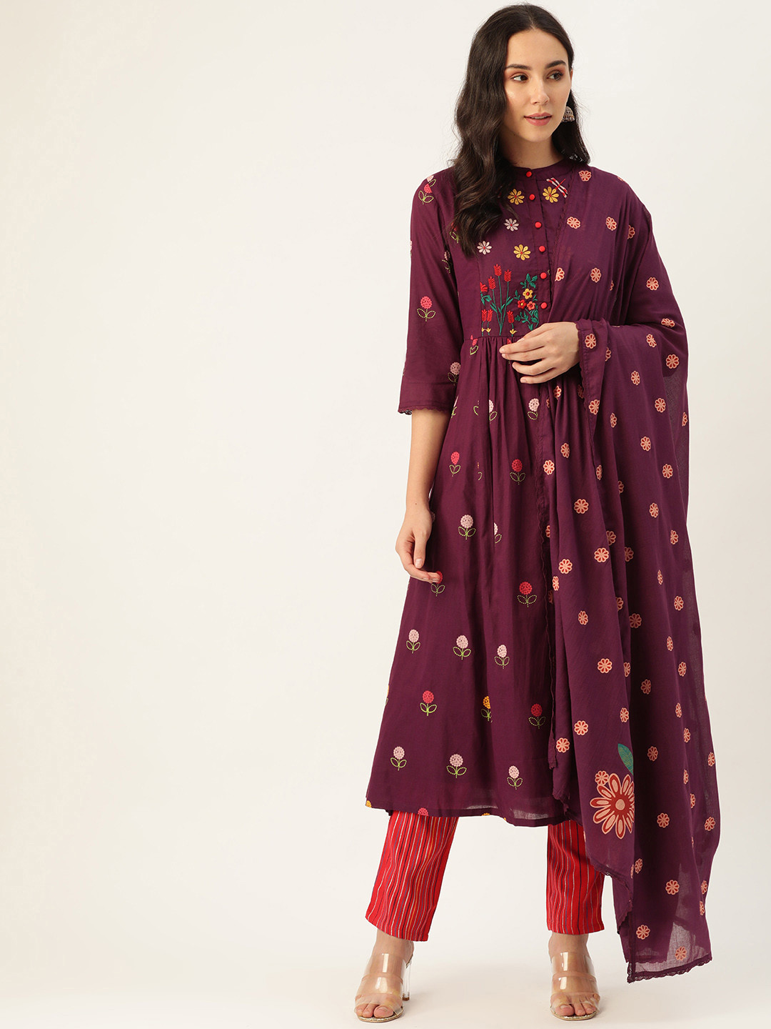 

Moda Rapido Women Burgundy & Red Printed Kurta with Trousers & Dupatta