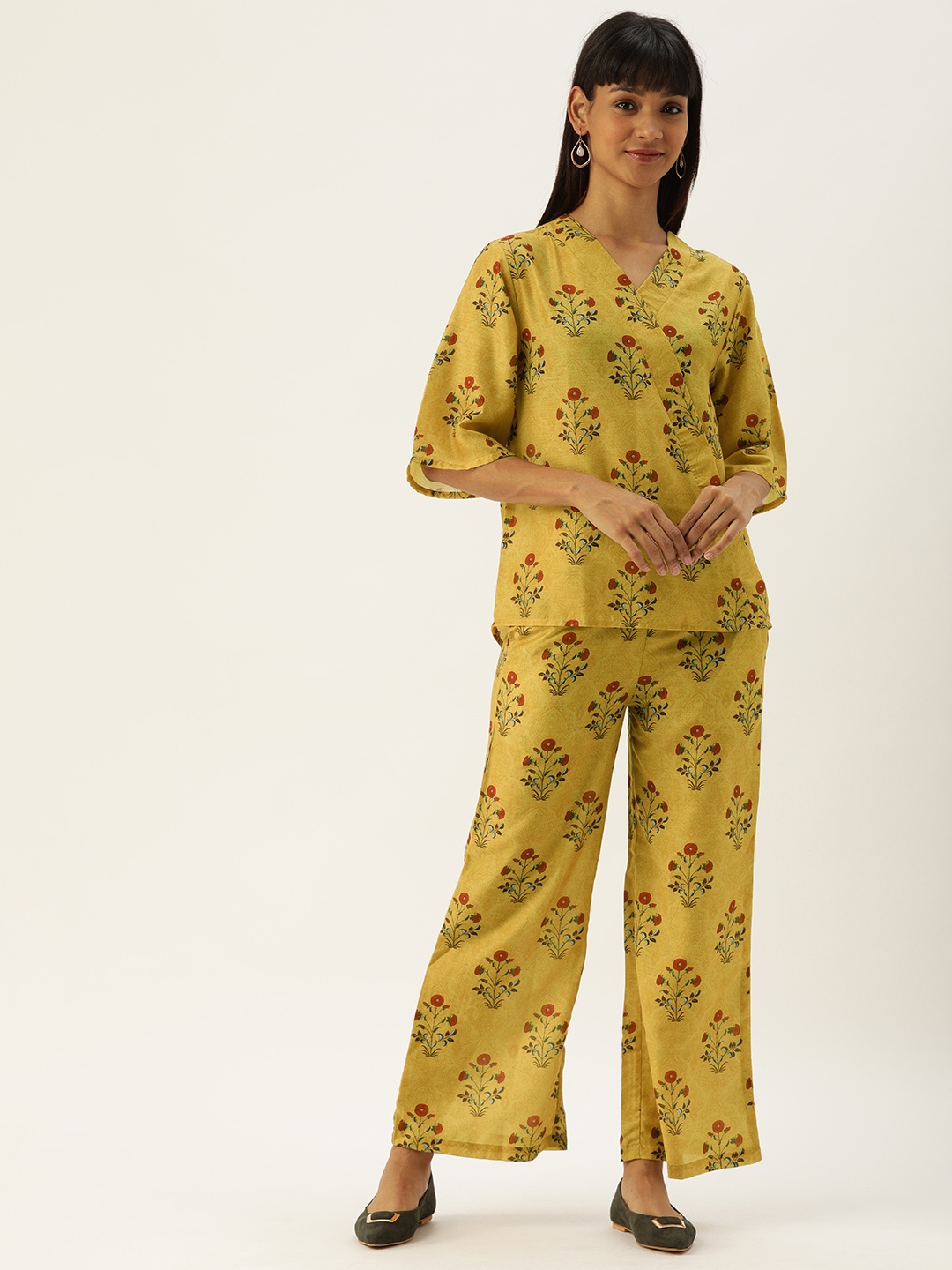 

Clt.s Women 2 Pc Mustard Yellow & Red Floral Printed Night Suit Set