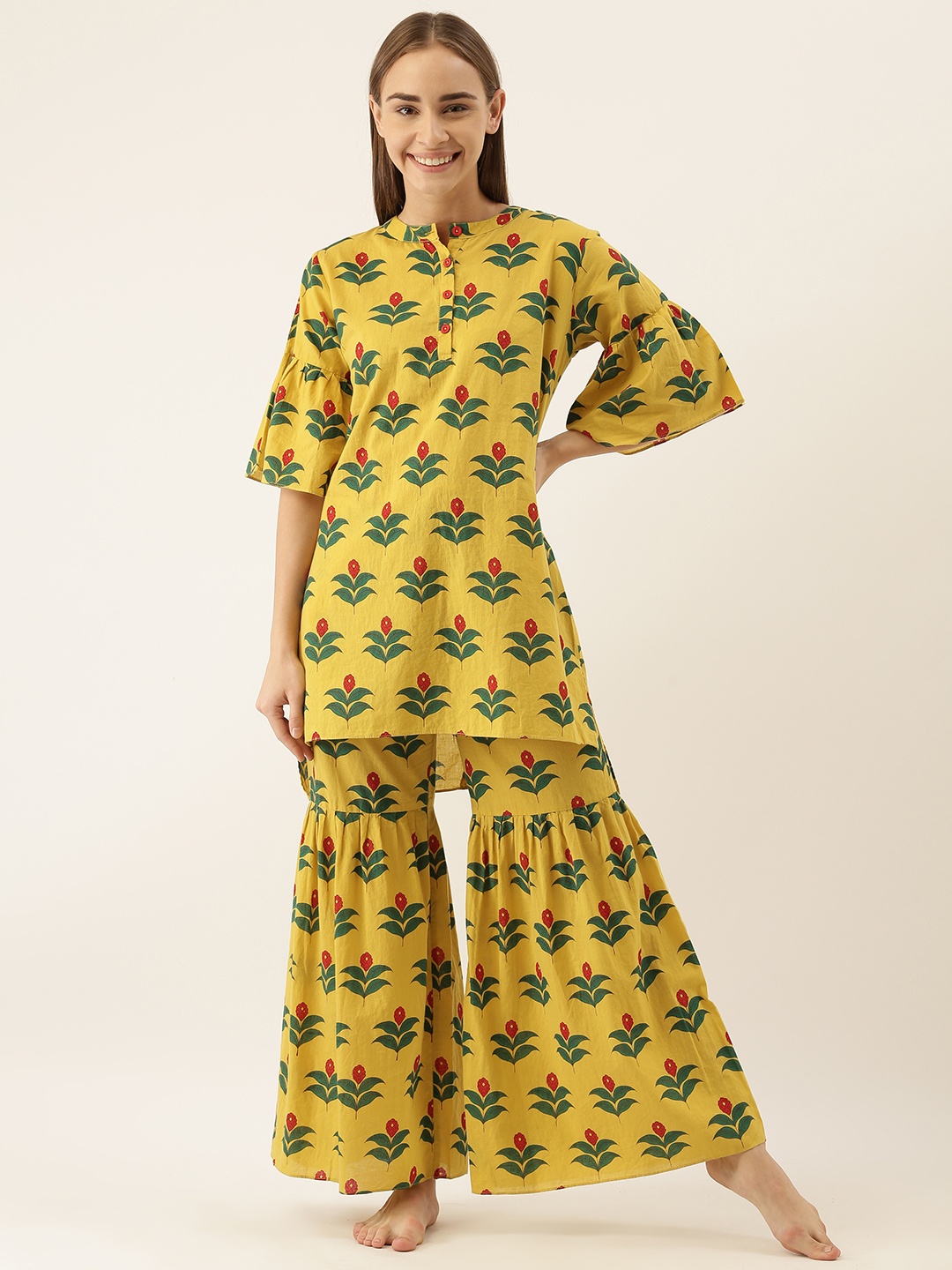 

Clt.s Women 2 Pc Yellow & Green Floral Printed Night Suit Set