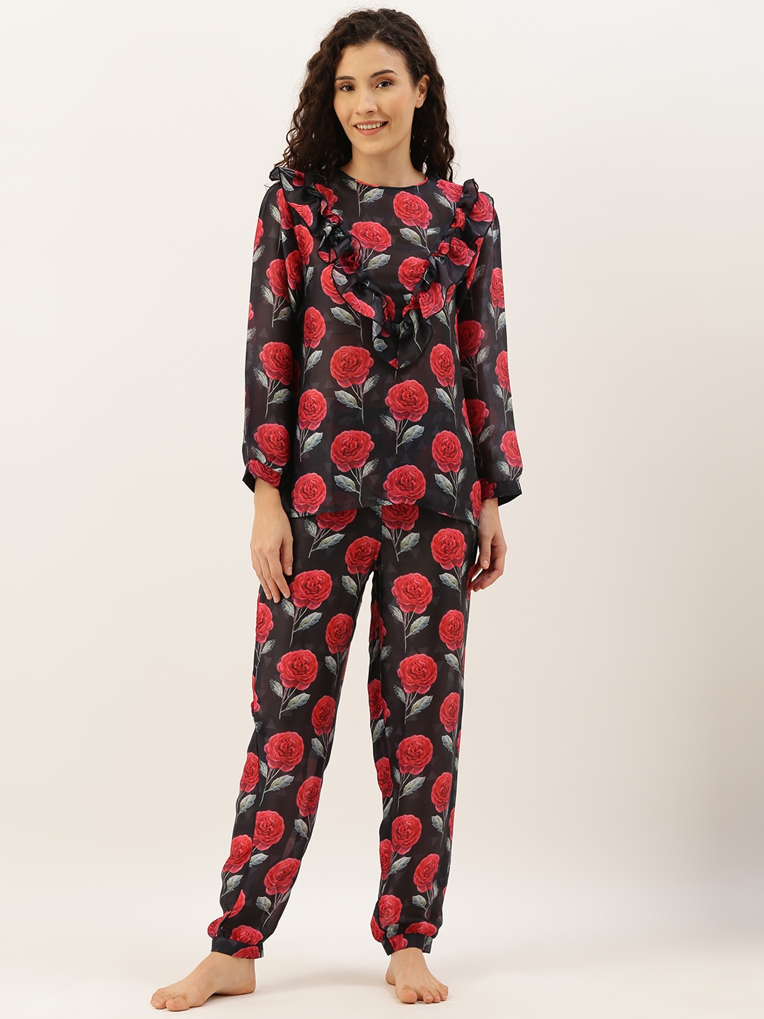 

Clt.s Women Black & Red Printed Night suit