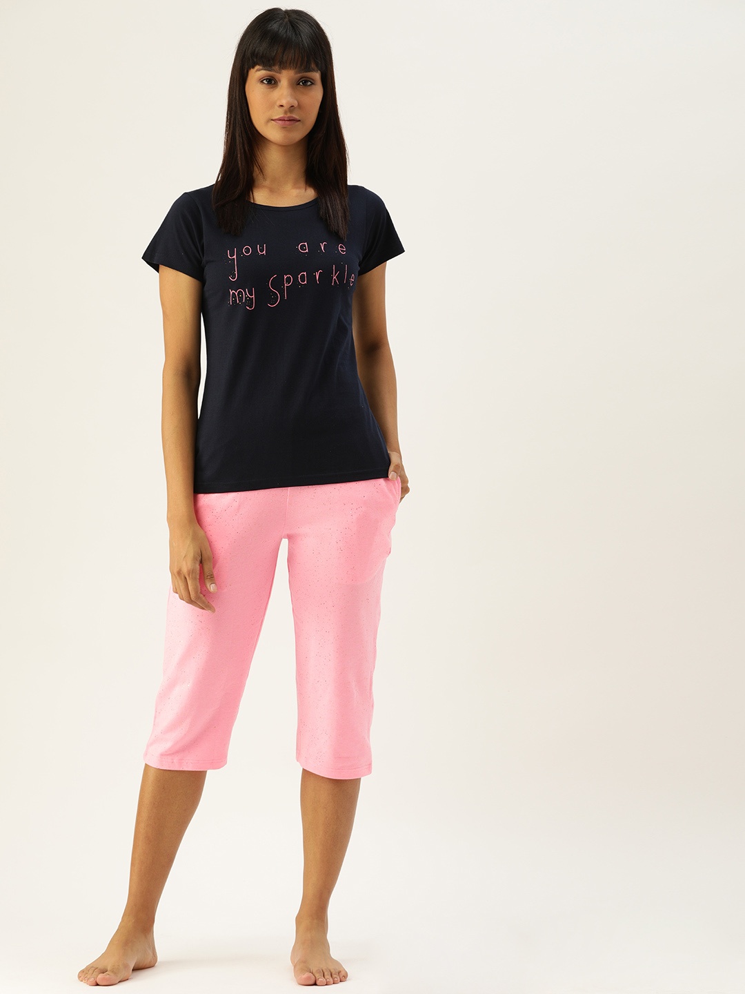

Clt.s Women 2 Pc Navy Blue & Pink Printed Night Suit Set