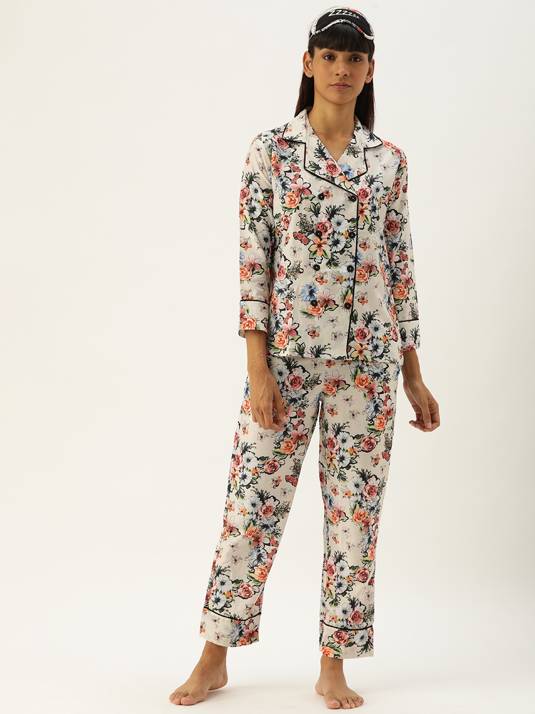

Clt.s Women Coffee Brown & Pink Floral Printed Night suit with Sleep Eye Mask