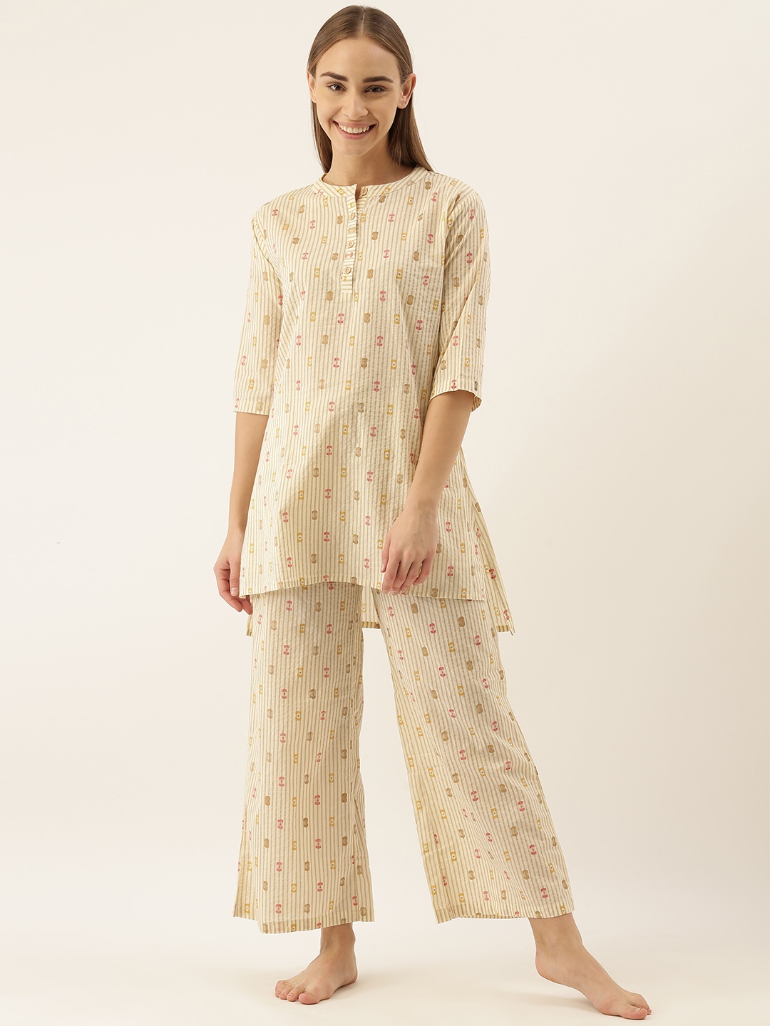 

Clt.s Women Cream-Coloured Striped Night suit