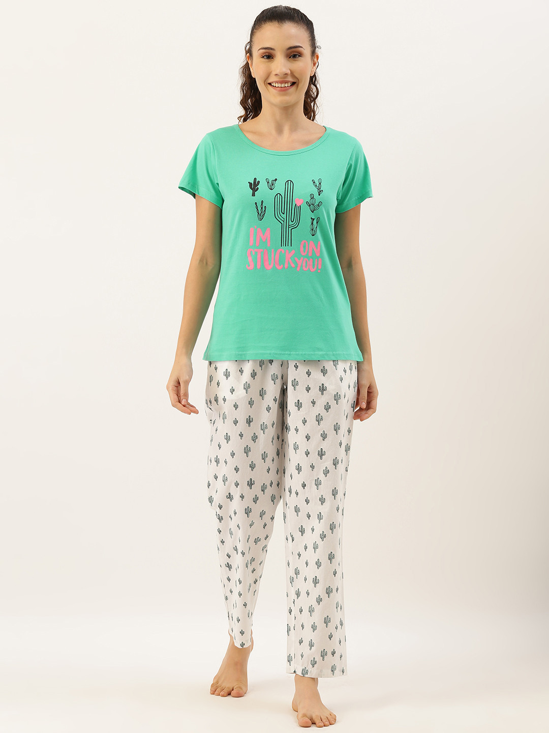

Clt.s Women 2 Pc Sea Green & White Conversational Printed Night Suit Set