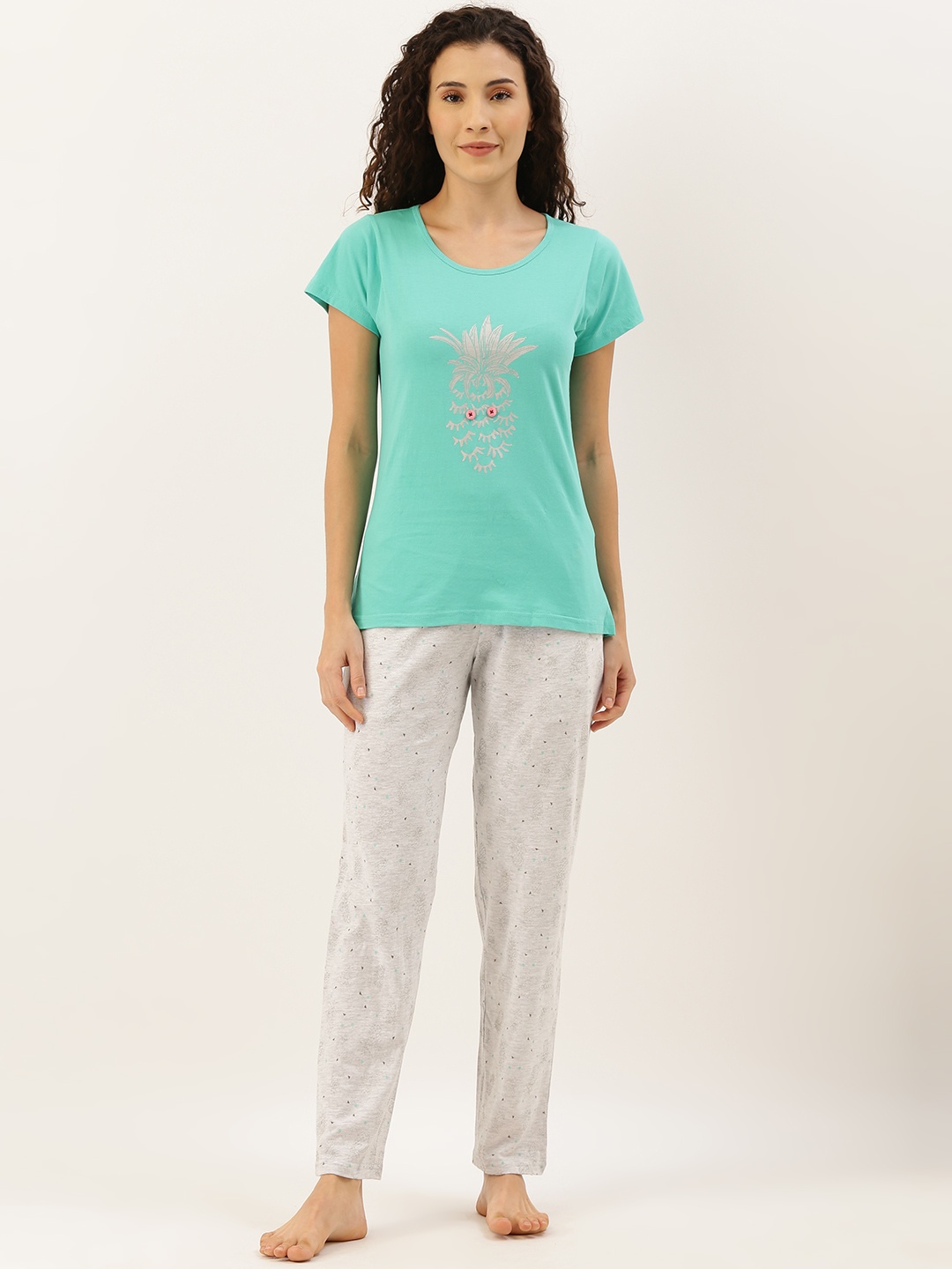 

Clt.s Women Turquoise Blue & Grey Melange Printed Night suit