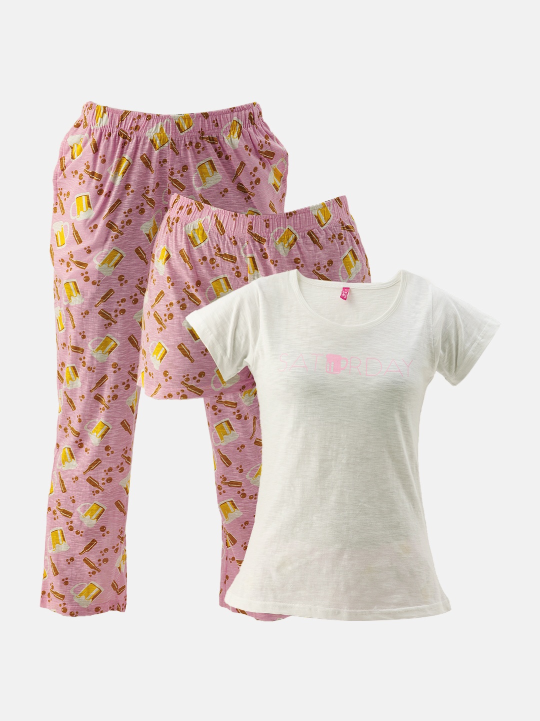 

Clt.s Women 3 Pc Pink & White Conversational Printed Night Suit Set