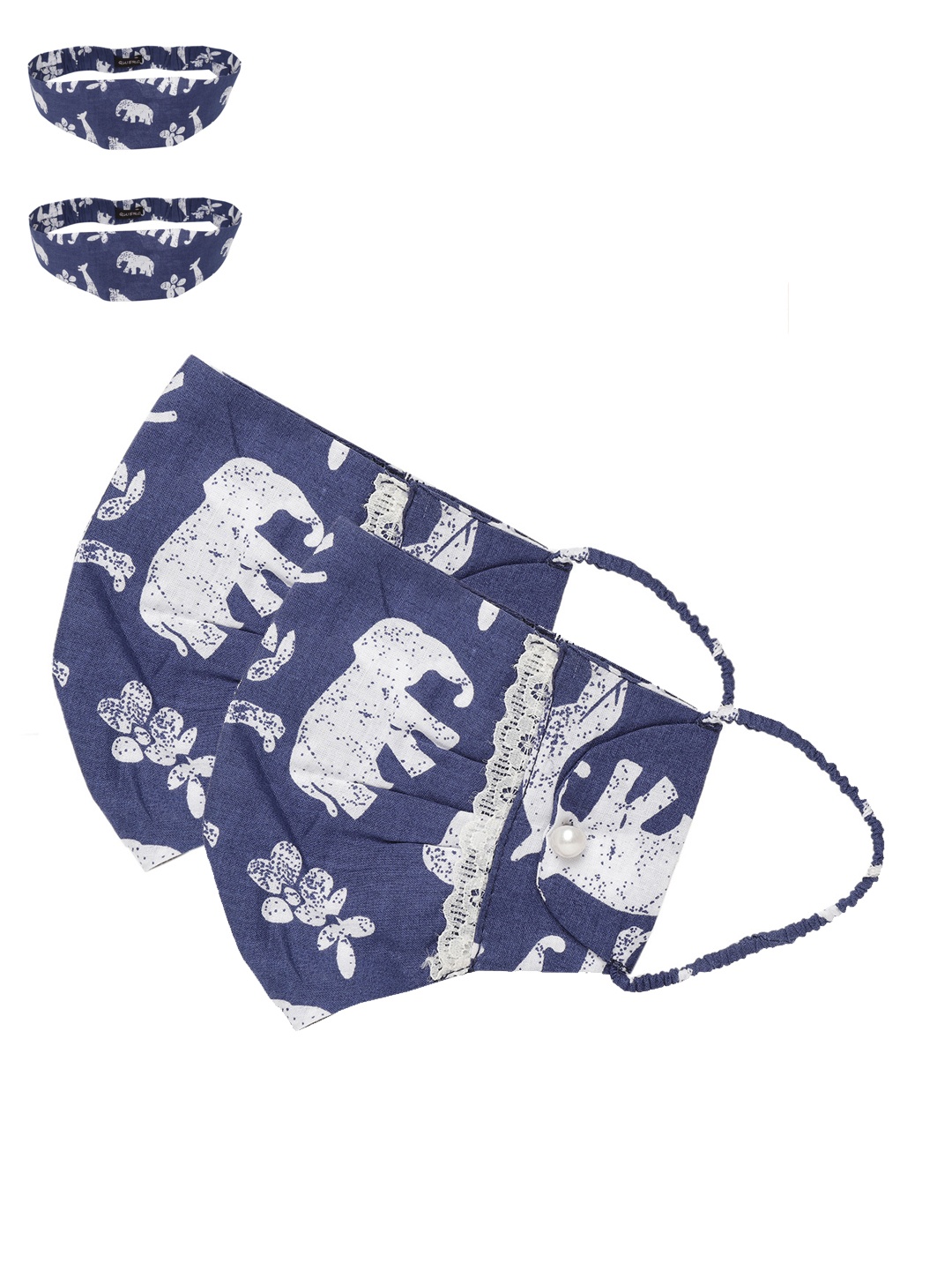 

QUIERO Women Pack of 2 Navy Reusable 2-Ply Outdoor Cloth Masks with Headbands, Blue