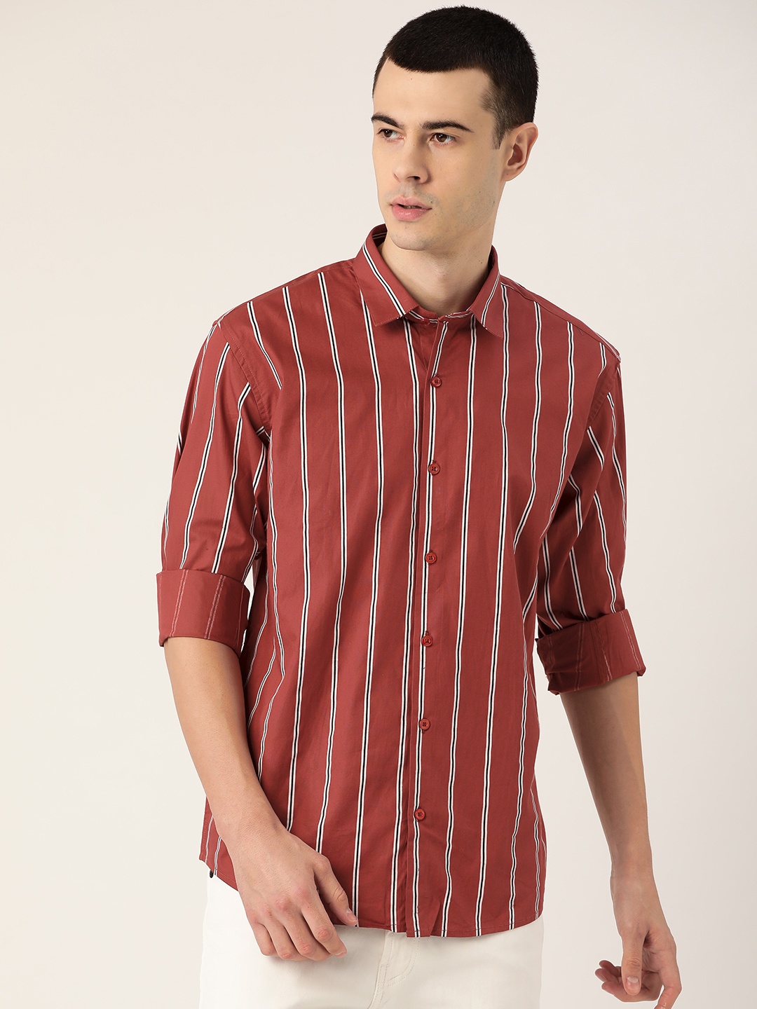 

SOJANYA Men Rust Brown & White Regular Fit Striped Casual Shirt