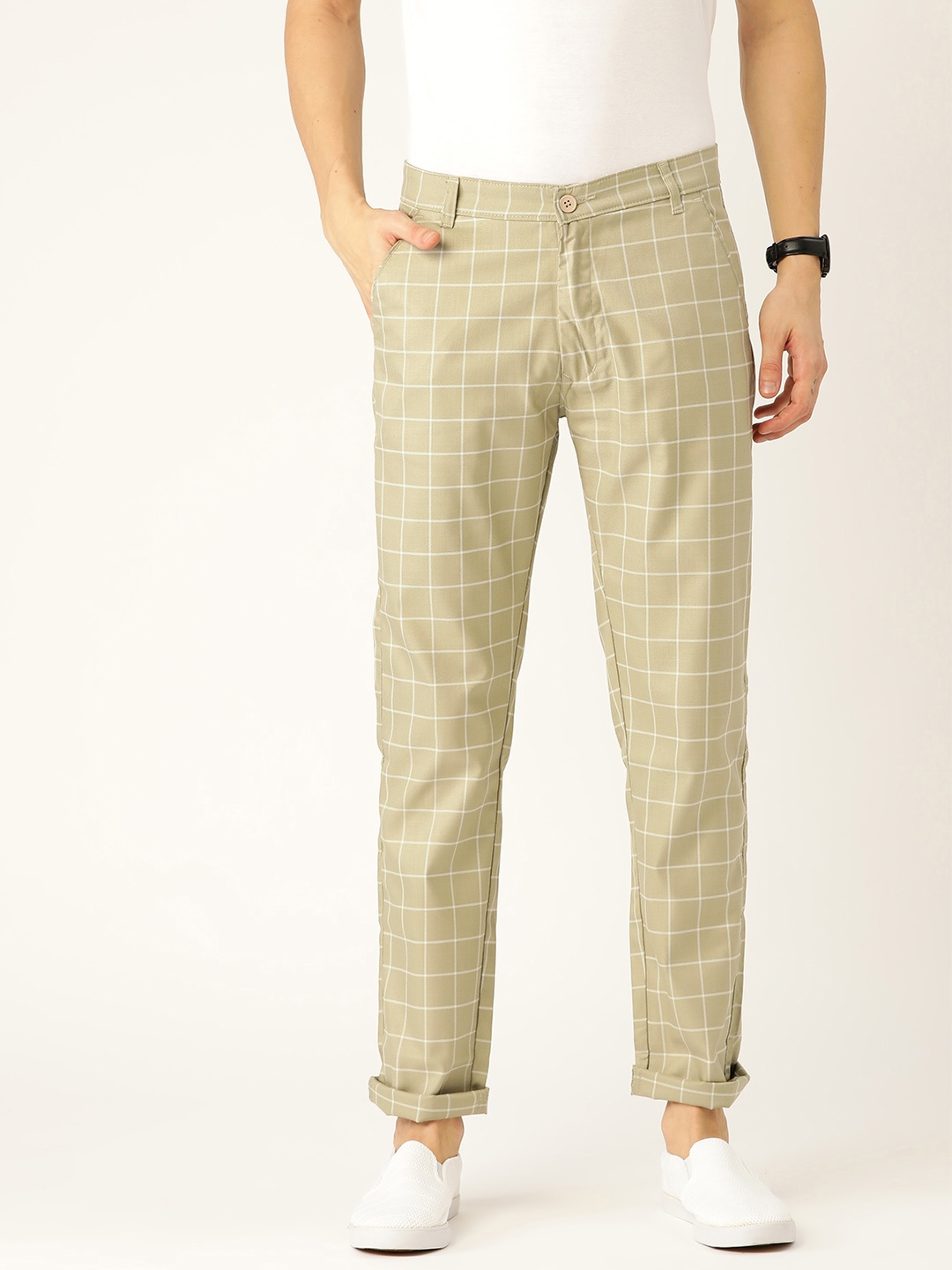 

SOJANYA Men Green & Off-White Smart Regular Fit Checked Trousers