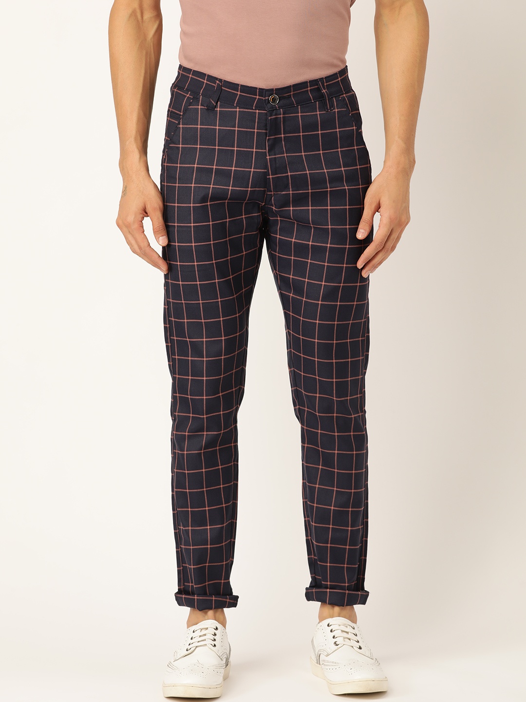 

SOJANYA Men Navy Blue & Pink Smart Fit Checked Regular Trousers