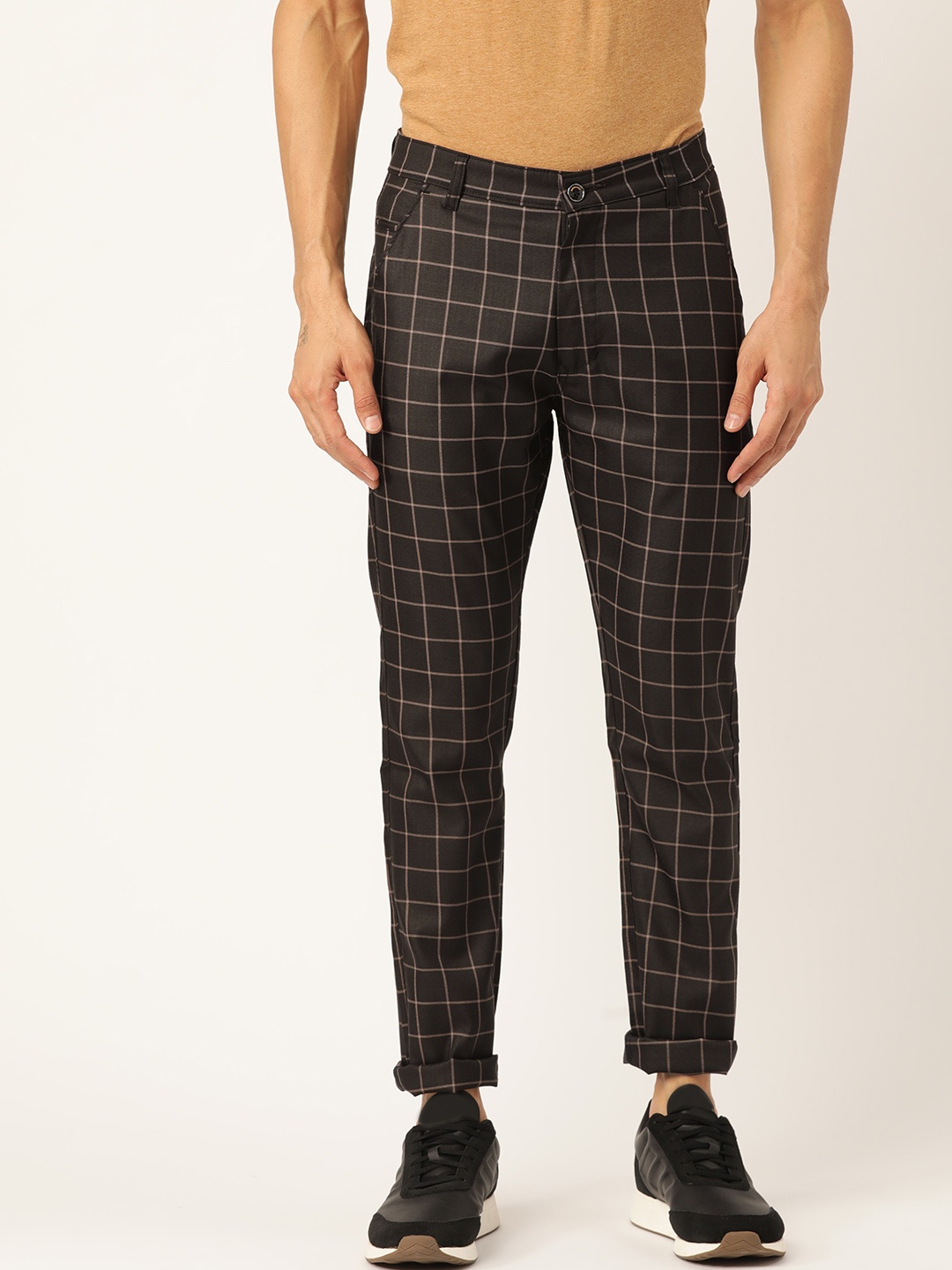 

SOJANYA Men Black & Beige Smart Fit Checked Regular Trousers