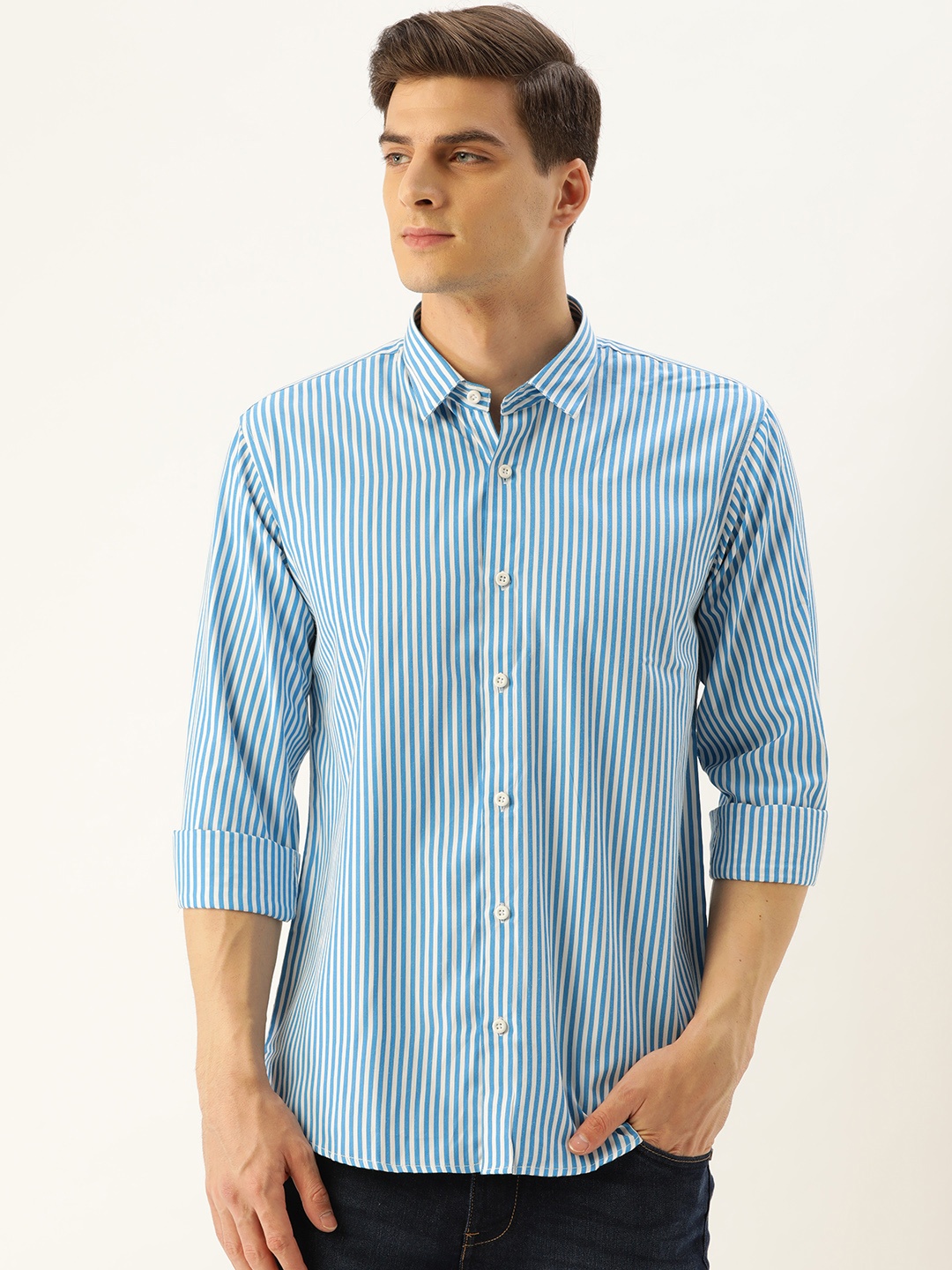 

SOJANYA Men Blue & White Classic Regular Fit Striped Casual Shirt