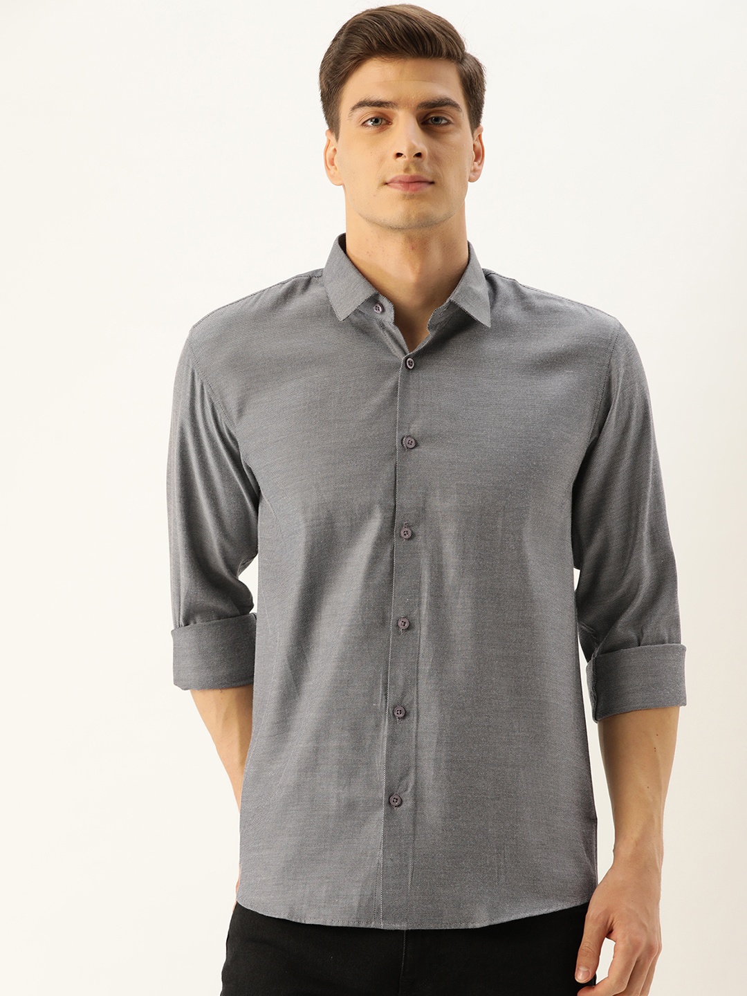 

SOJANYA Men Charcoal Grey & White Classic Regular Fit Self Design Casual Shirt