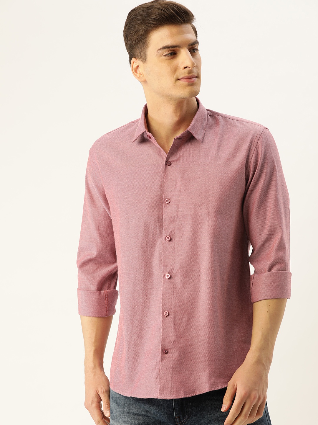 

SOJANYA Men Red & White Classic Regular Fit Self Design Casual Shirt