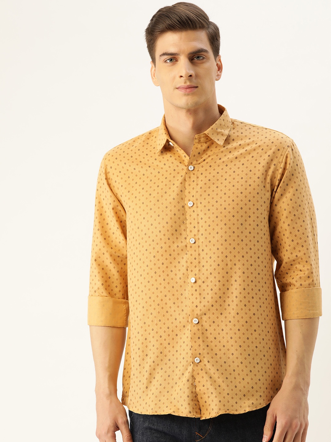 

SOJANYA Men Mustard Yellow & Brown Classic Regular Fit Printed Casual Shirt