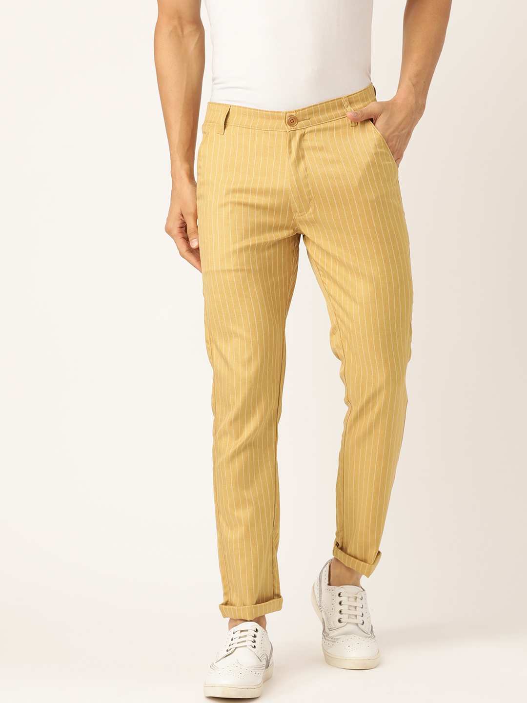 

SOJANYA Men Mustard Yellow & Off-White Smart Fit Striped Regular Trousers