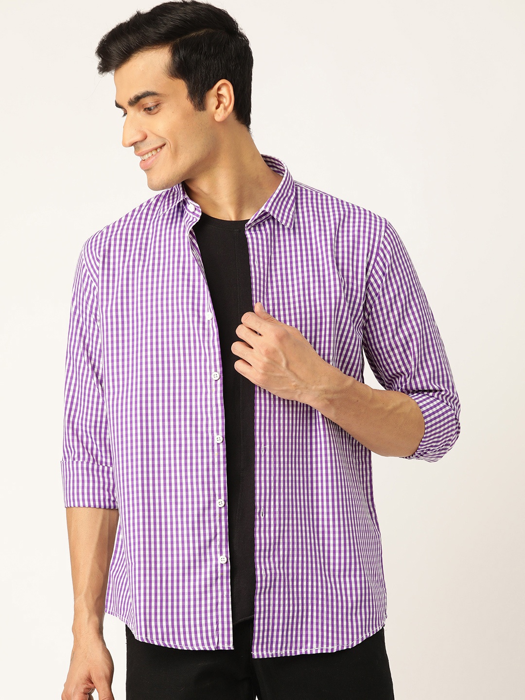 

SOJANYA Men Purple & White Classic Regular Fit Checked Casual Shirt