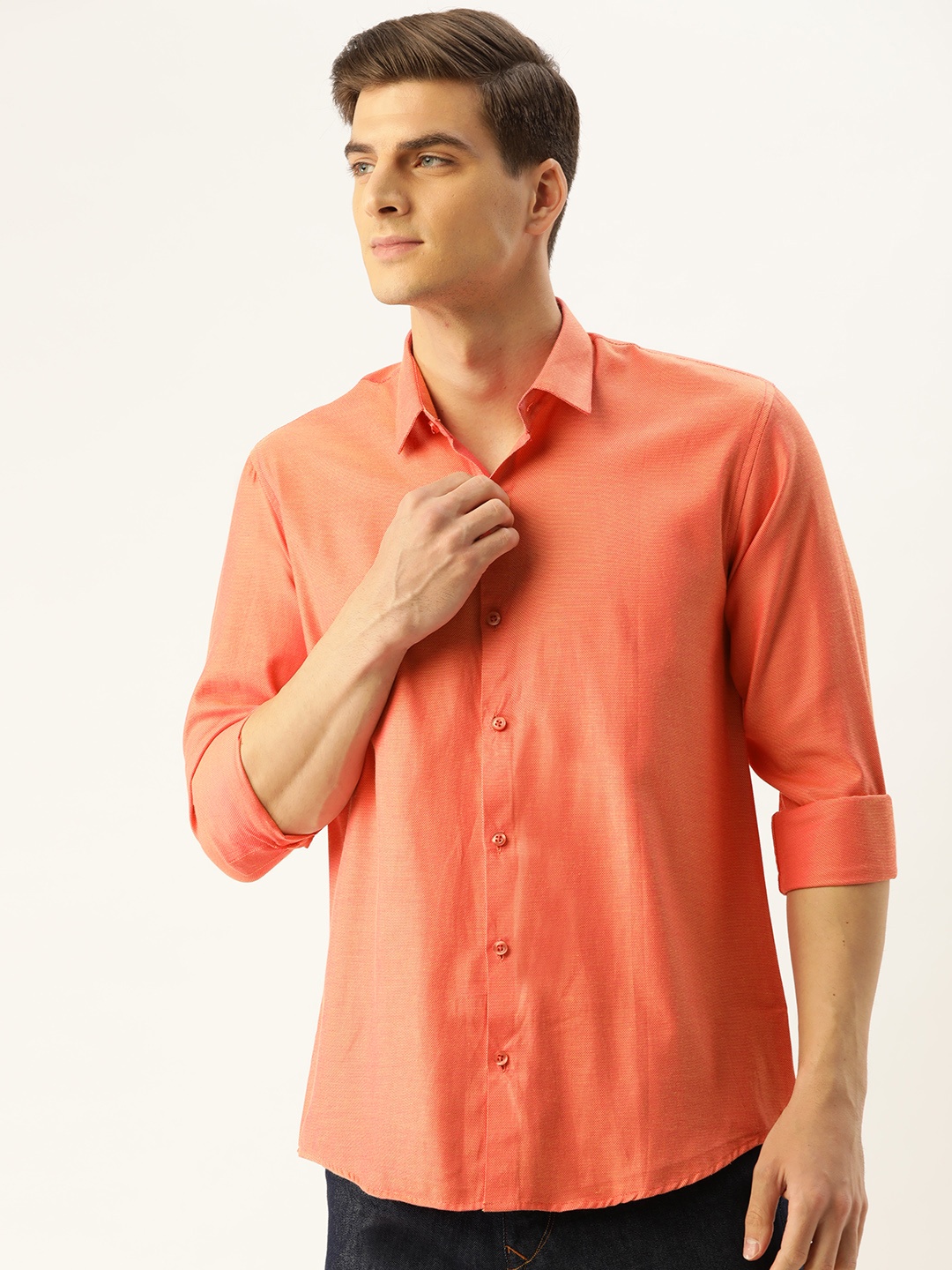 

SOJANYA Men Coral Orange & White Classic Regular Fit Self Design Casual Shirt